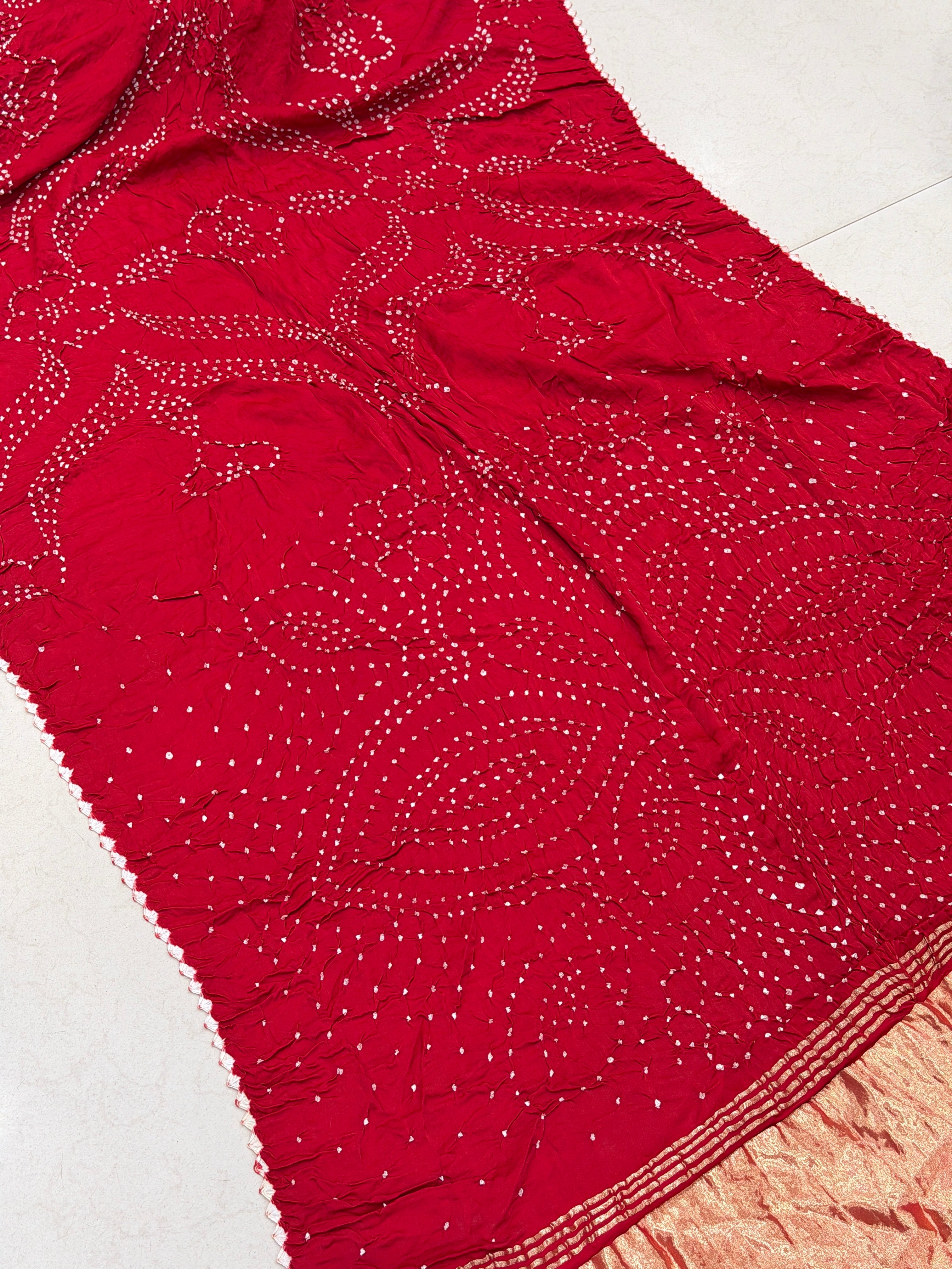Red Contemporary Dani Pure Gajji Silk Rai Bandhej Hand Made Saree