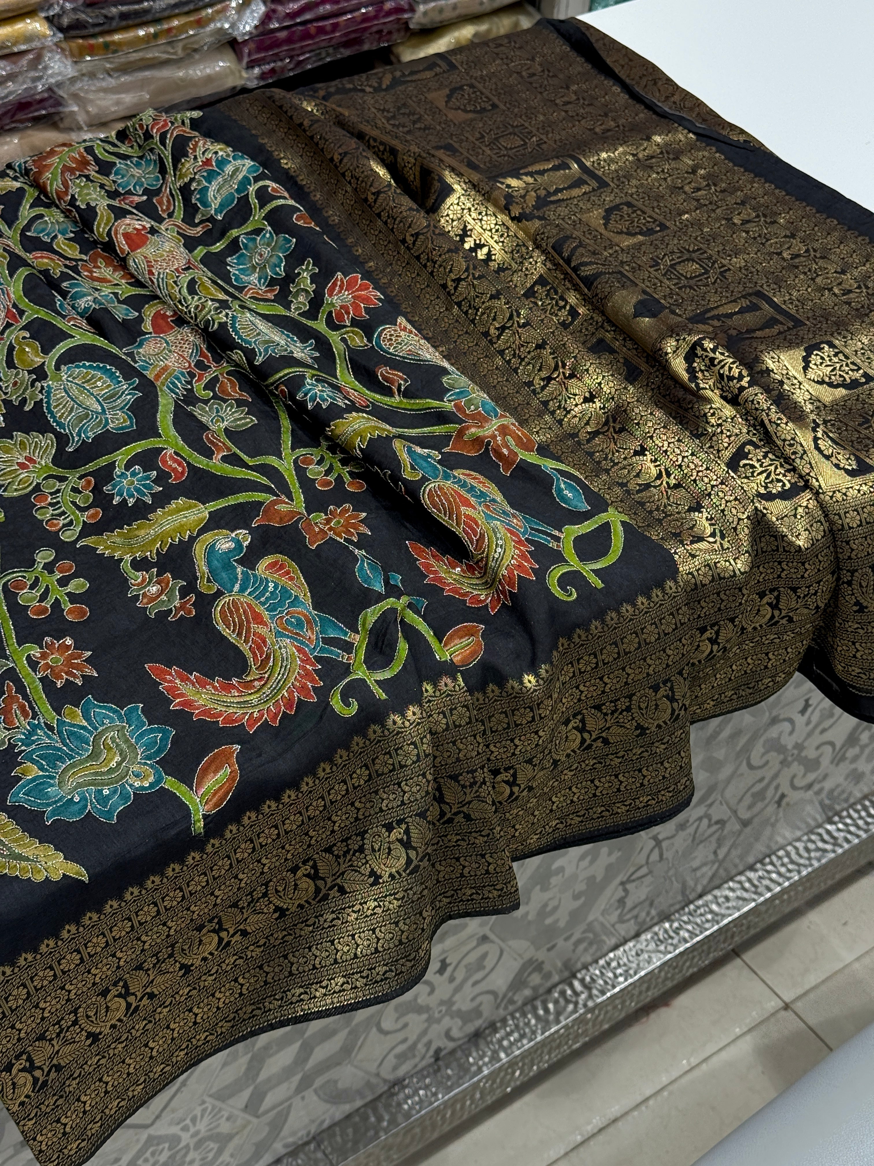 Black Kalamkari Weave Banarasi Munga Pita Embroidery Saree