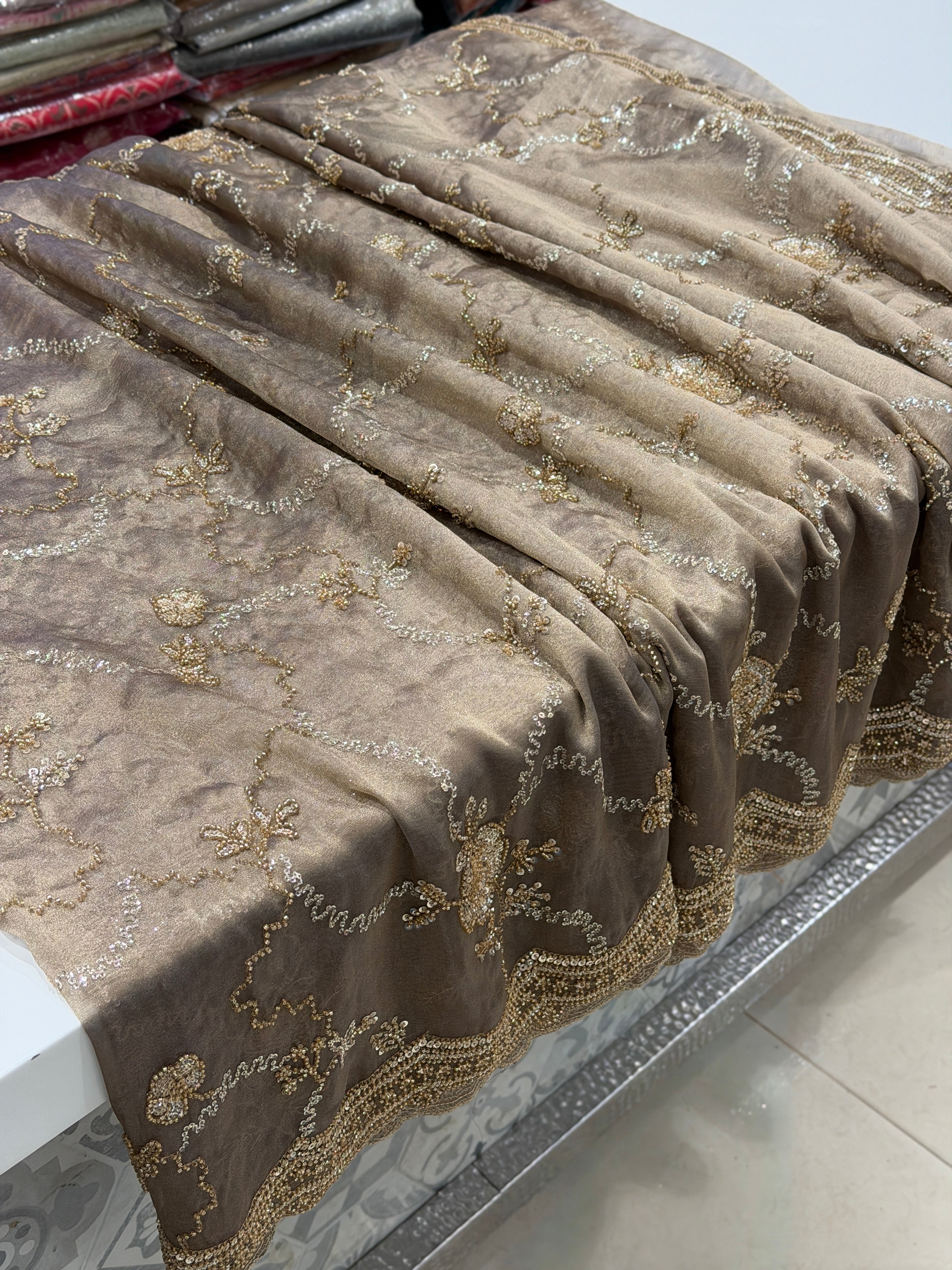 Dark Champagne Soft Tissue Moti Embroidery Jaal Saree