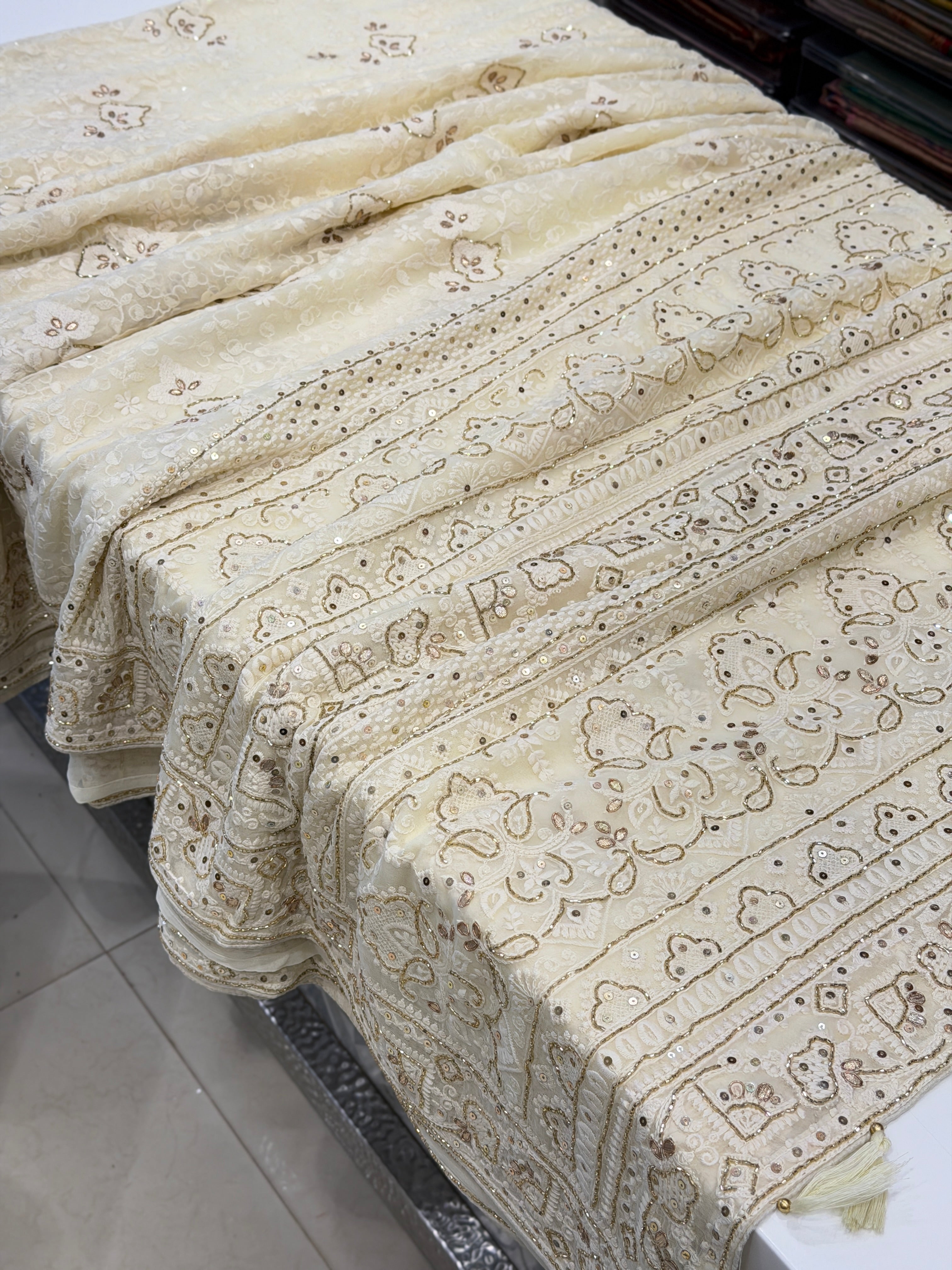 Moti White Chikankari Georgette Cutdana Embroidery Saree