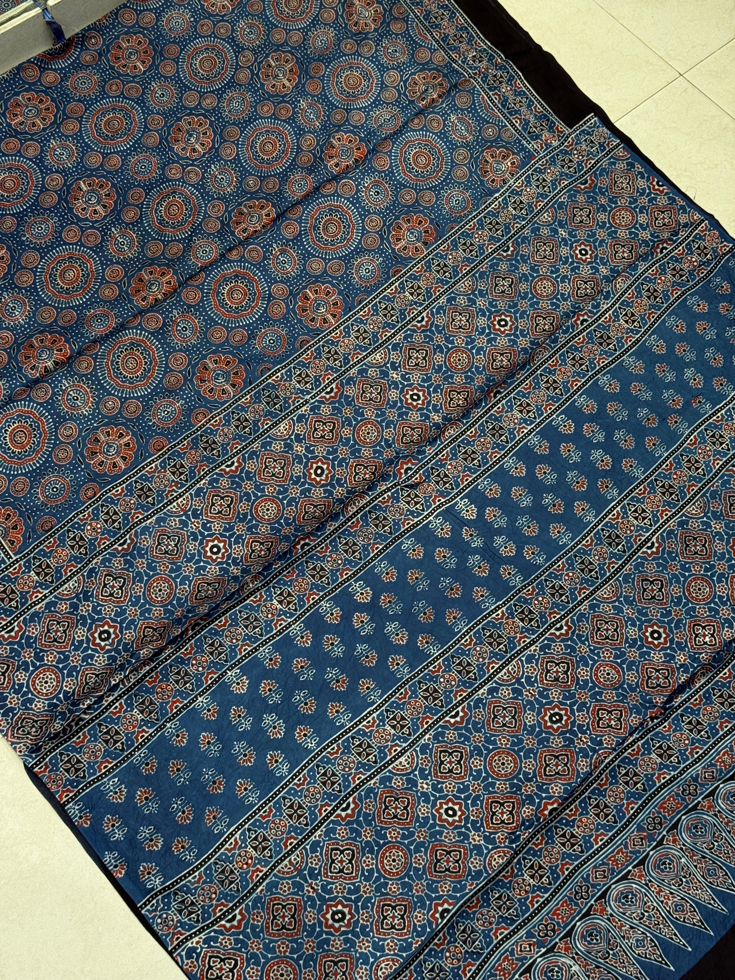 Blue Jewelled Jaal Ajrakh Modal Gajji Silk Saree