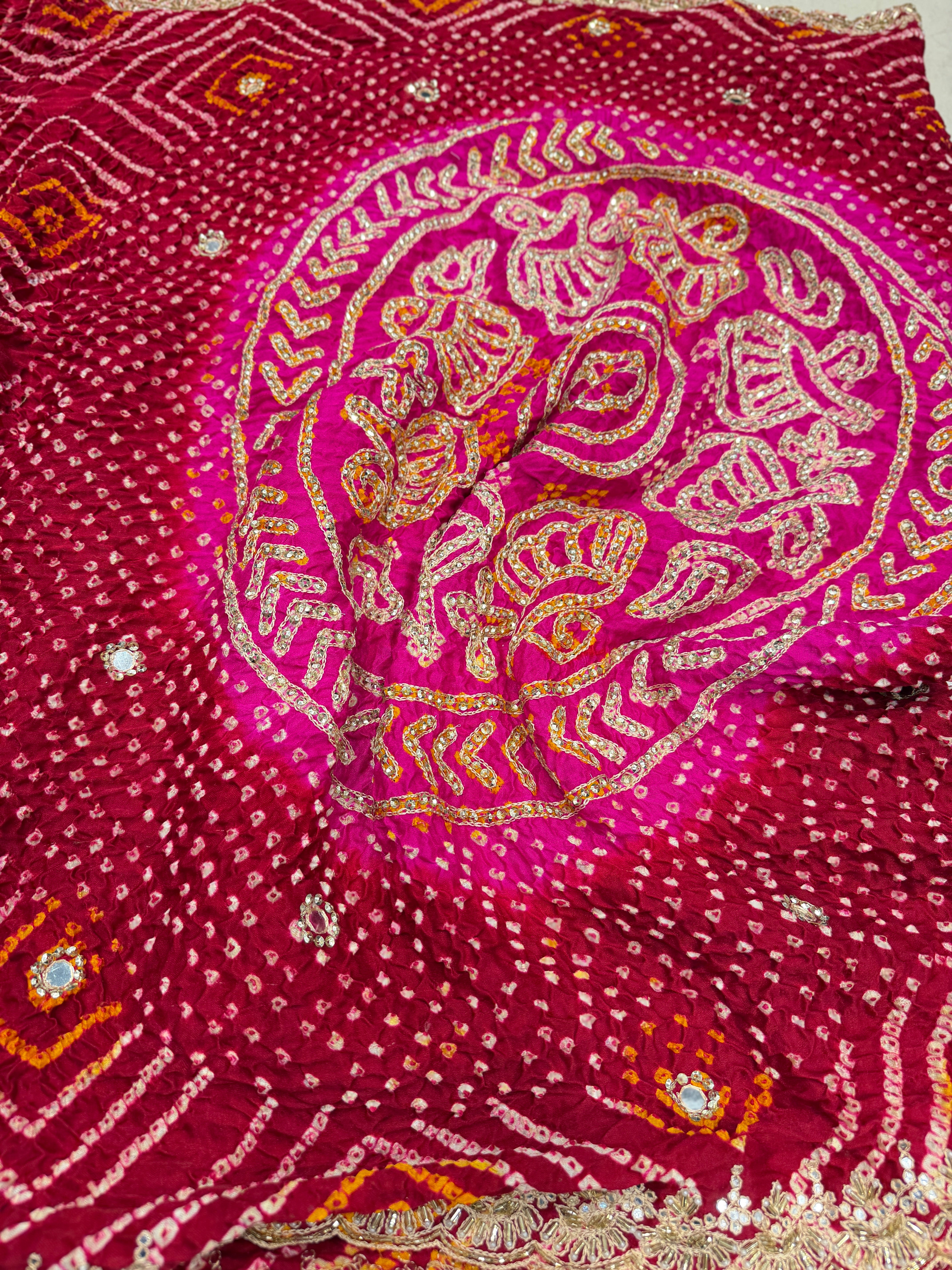 Maroon Rani Gajji Silk Rai Bandhej Gharchola Hand Embroidery Saree