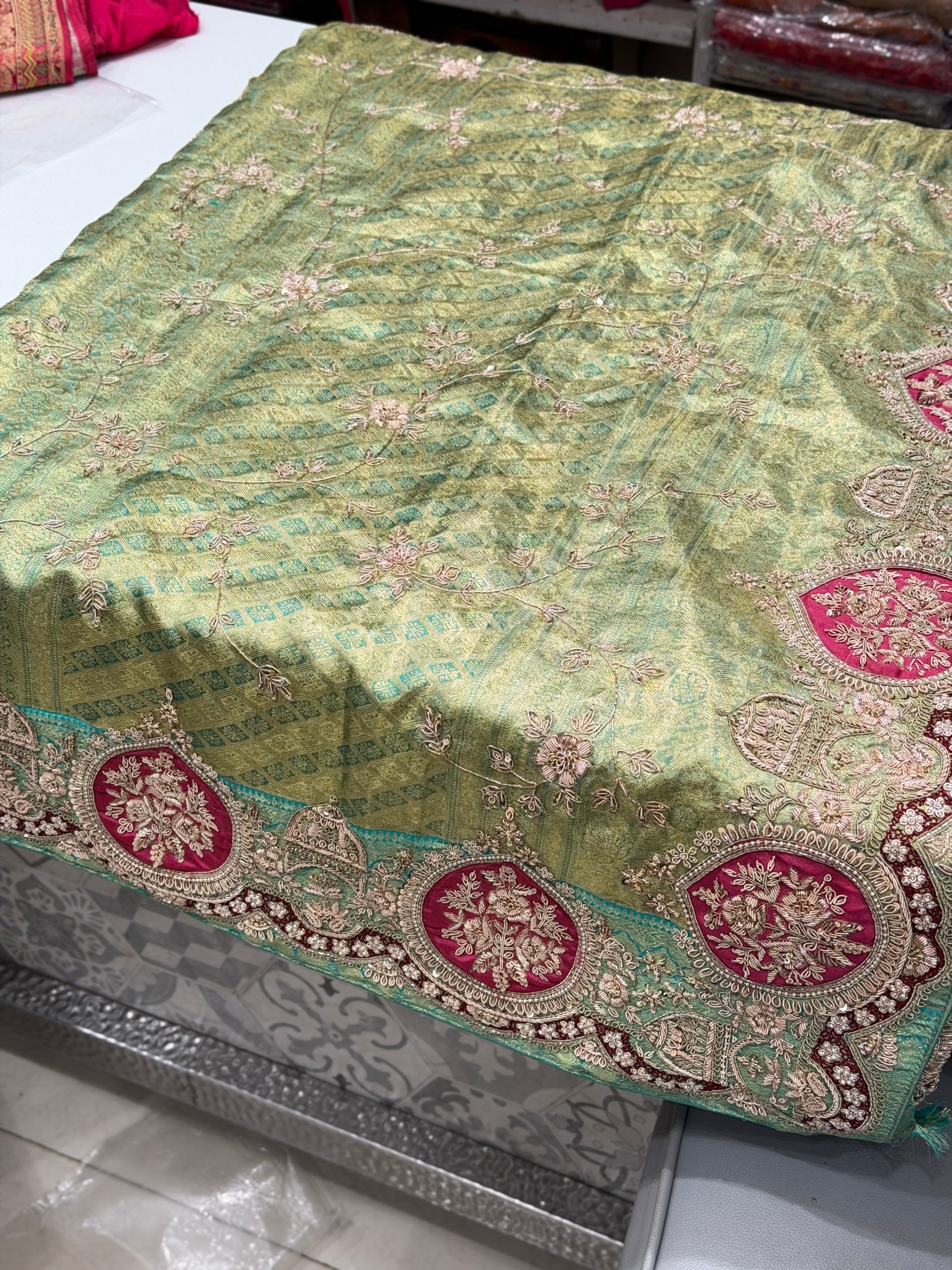 Pista Green Tissue Kanjivaram Zardodi Jaal Hand Embroidery Saree