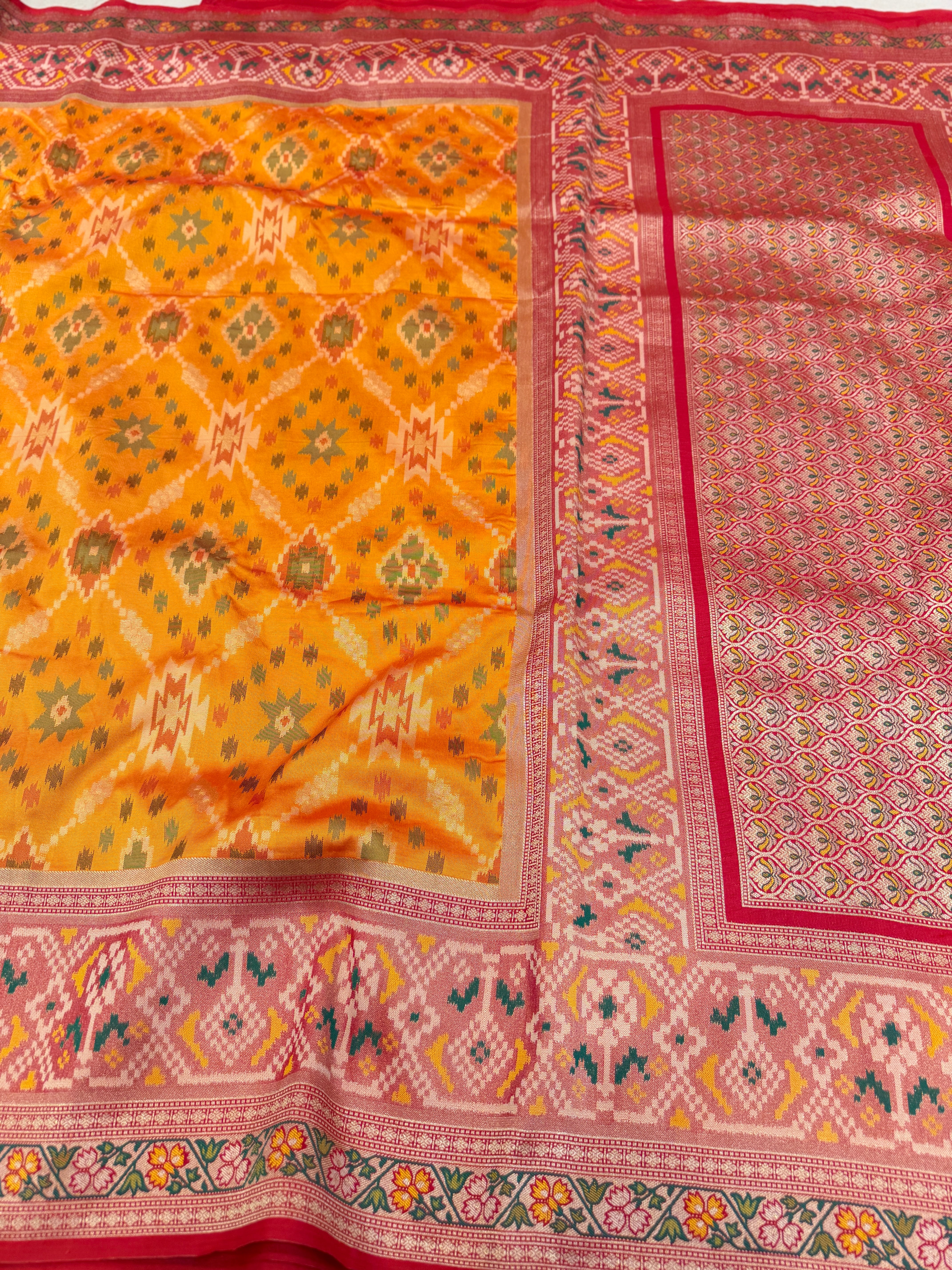 Mustard Ikat Patola Banarasi Weaved Jaal Saree