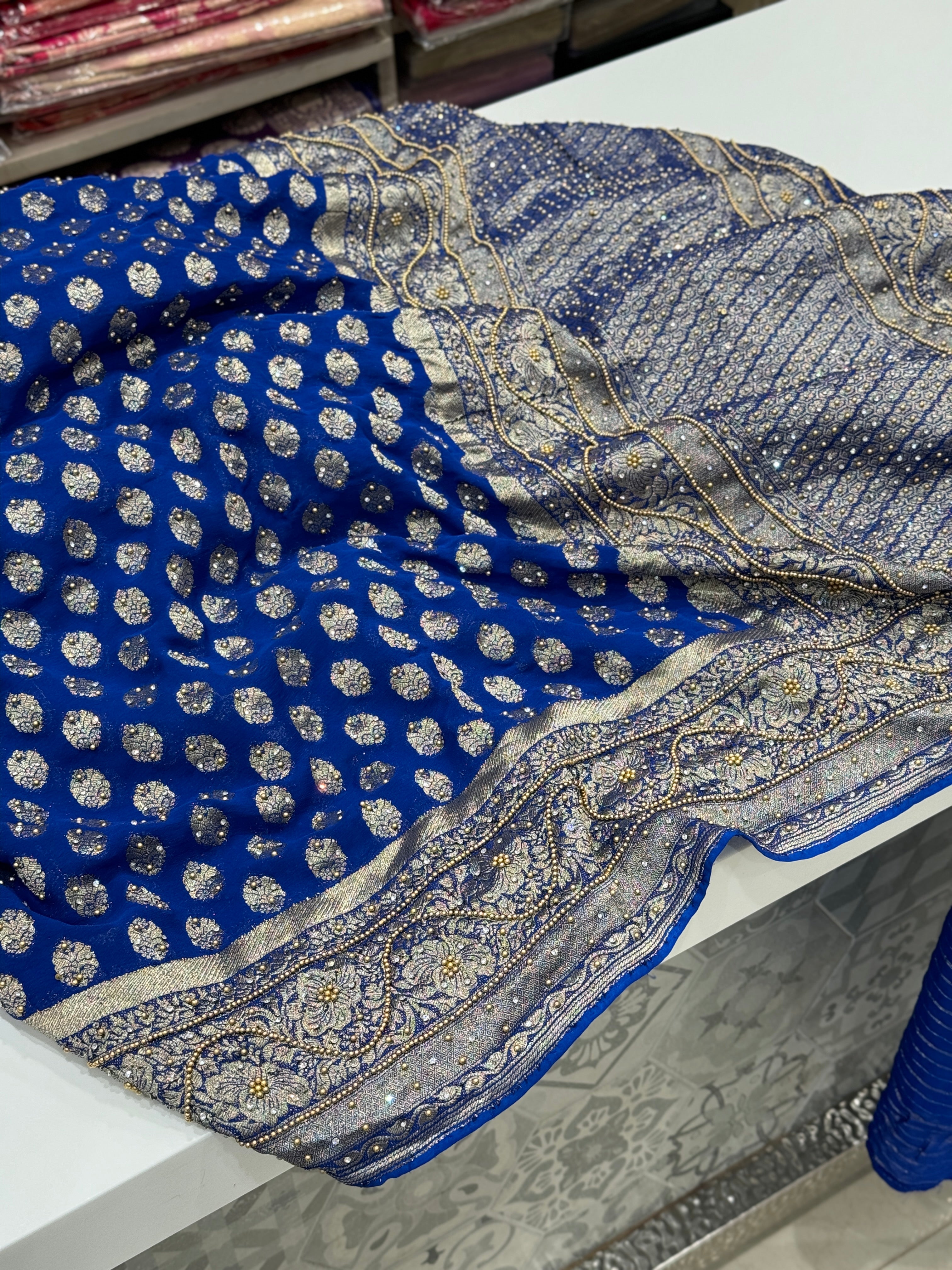 Royal Blue Banarasi Khaddi Georgette Hand Embroidery Saree