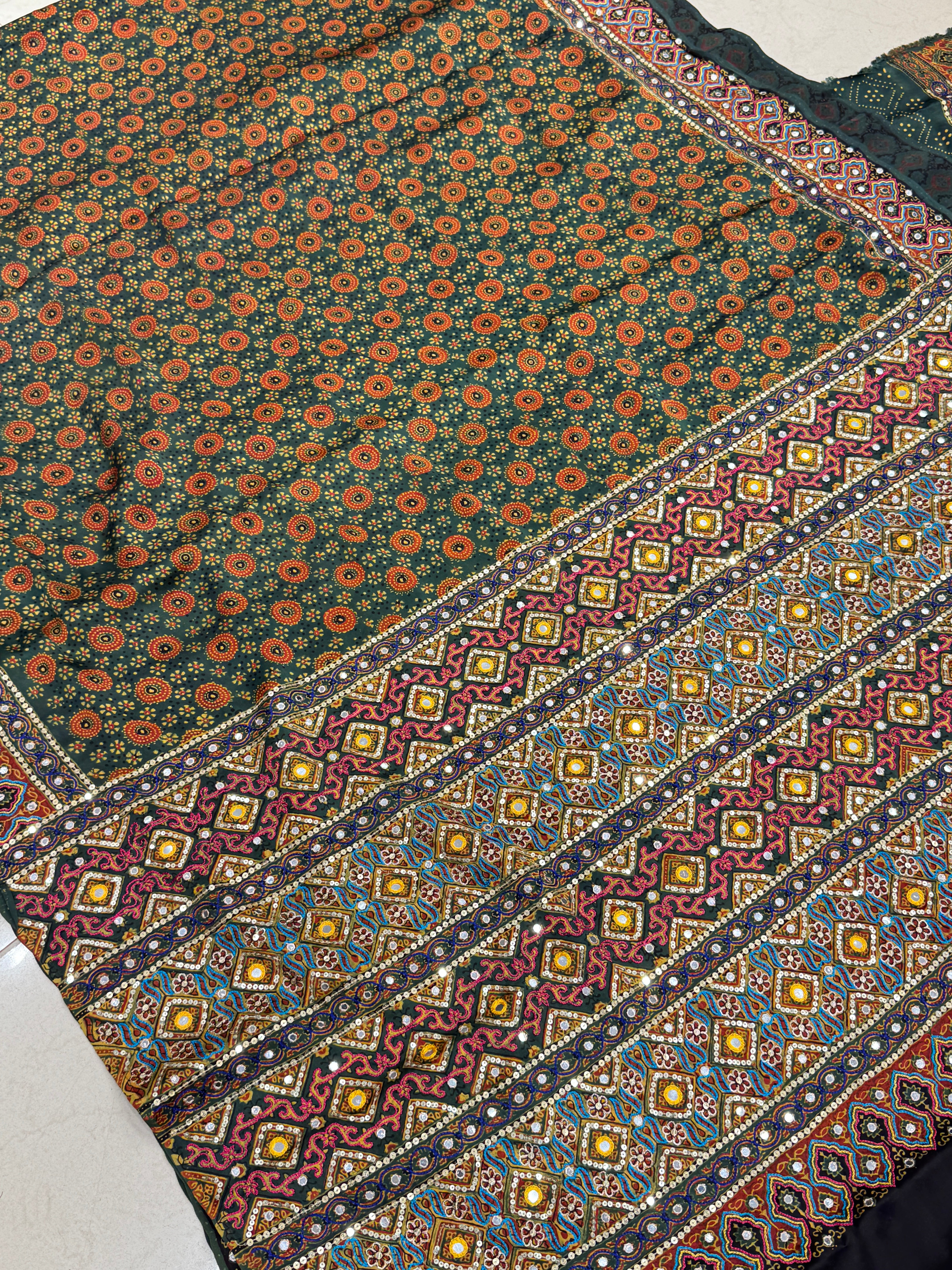 Green Kutchi Hand Embroidery Ajrakh Saree