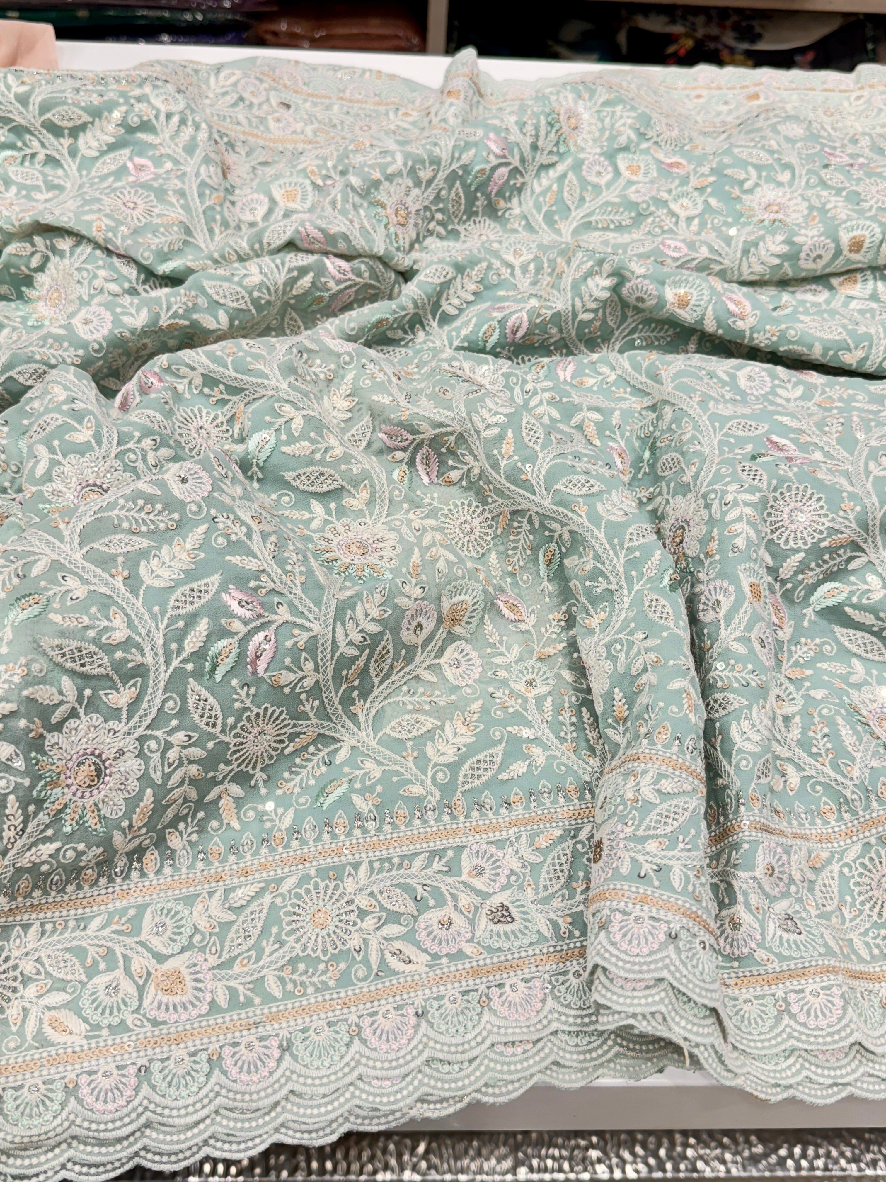 Sea Green Meenakari Chikankari Scallop Design Saree