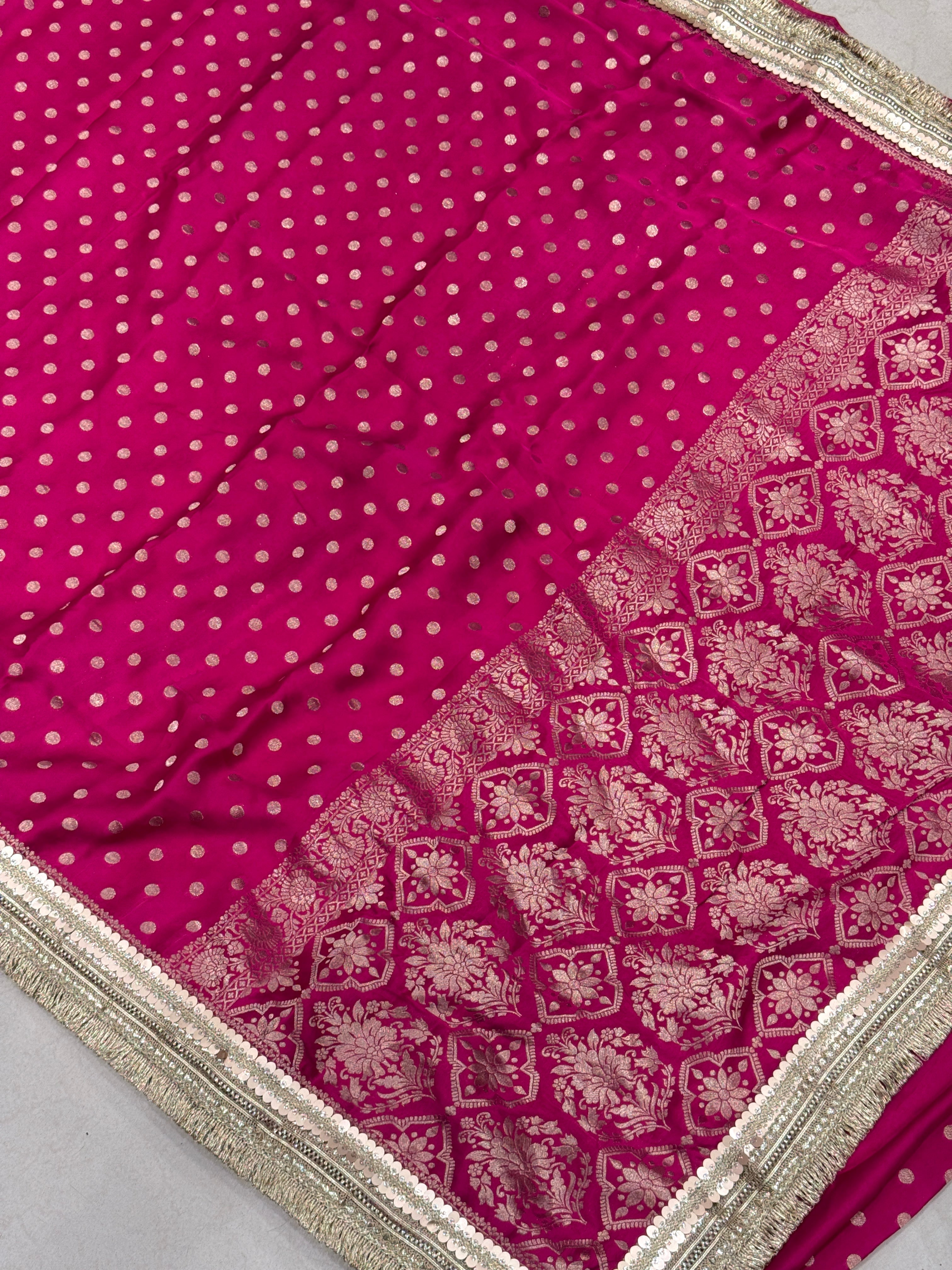 Rani Polka Dot Satin Silk Maharani Lace Saree