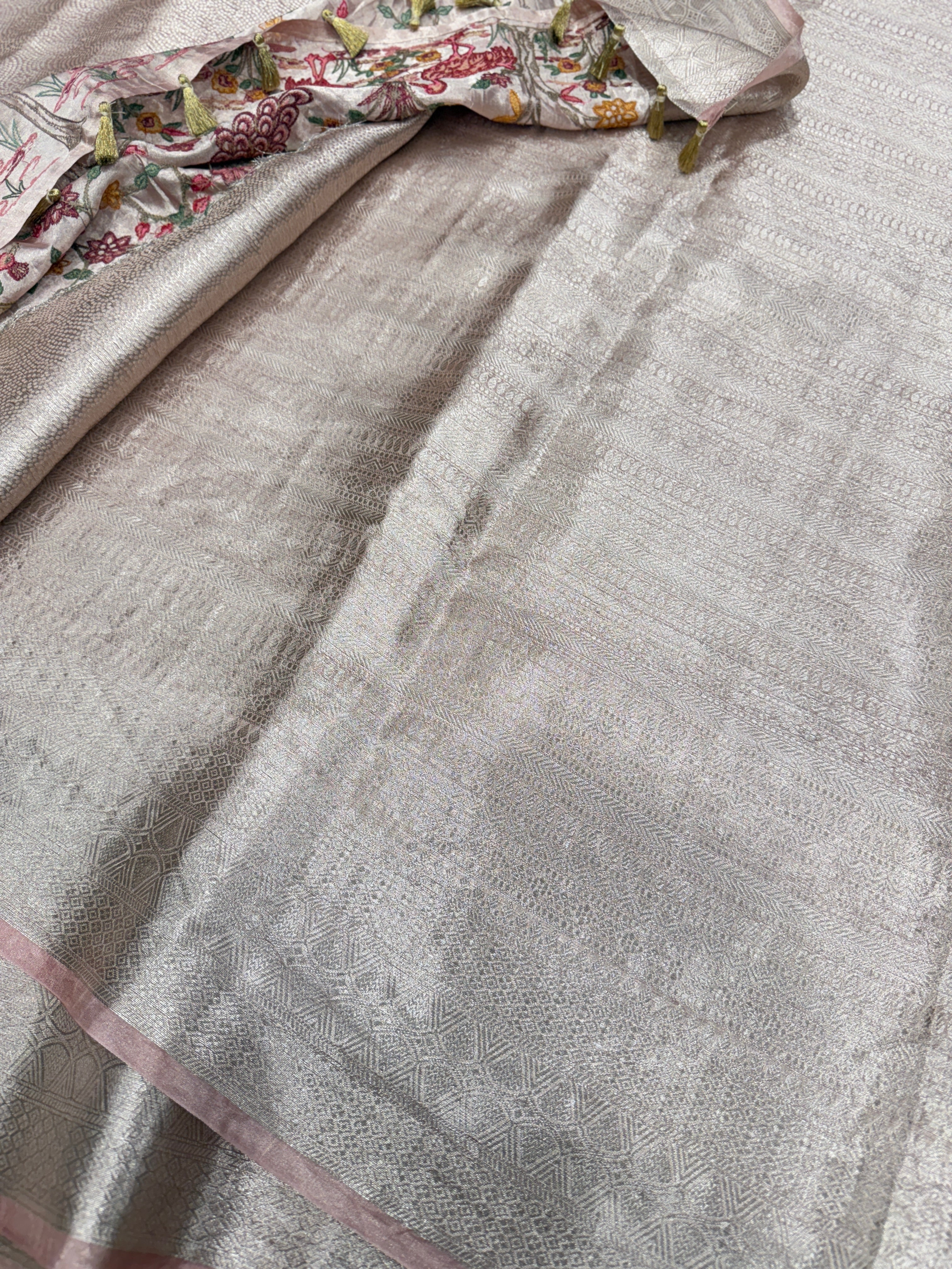 Crimson Silver Handloom Tissue Peacock Contemporary Resham Embroidery Saree