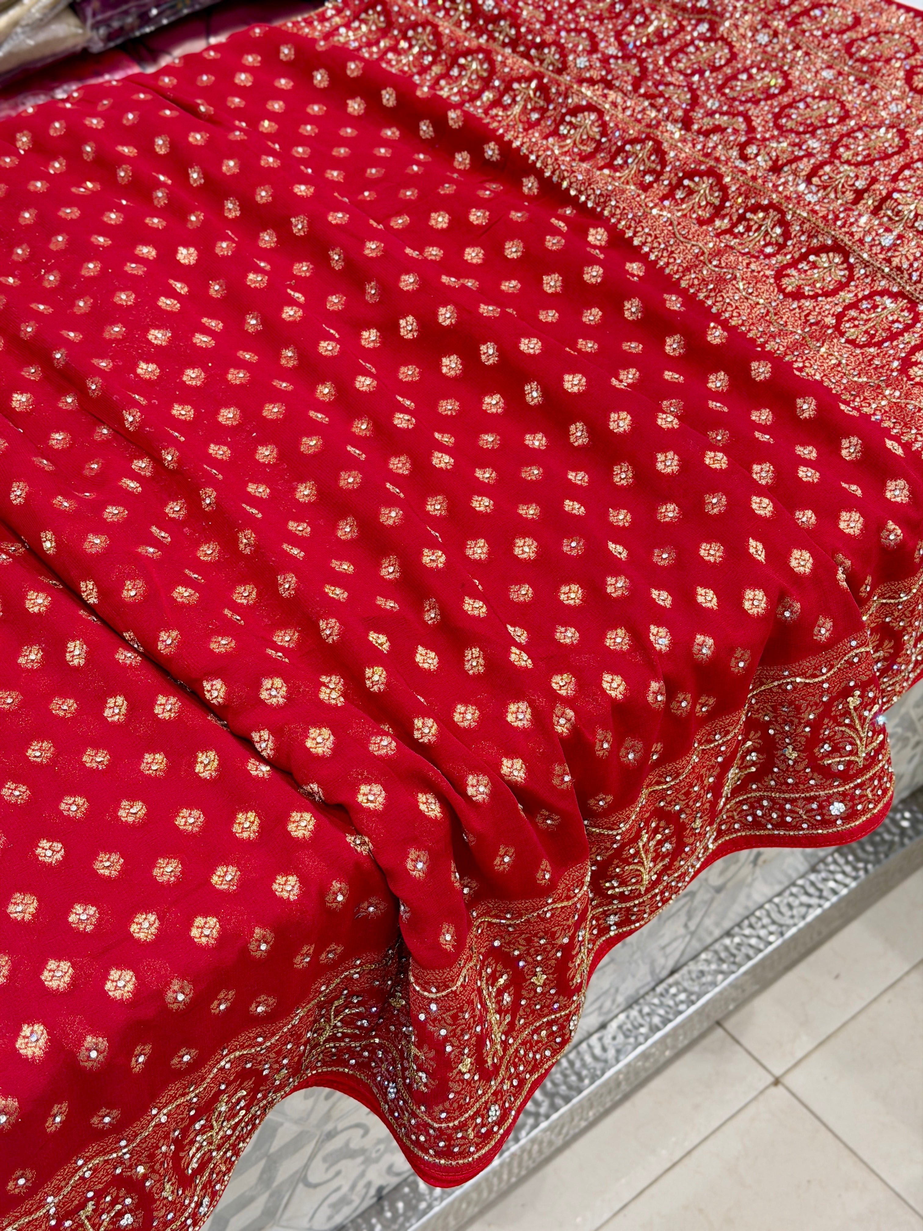 Red Banarasi Khaddi Georgette Butti Hand Embroidery Sequin Stone Saree
