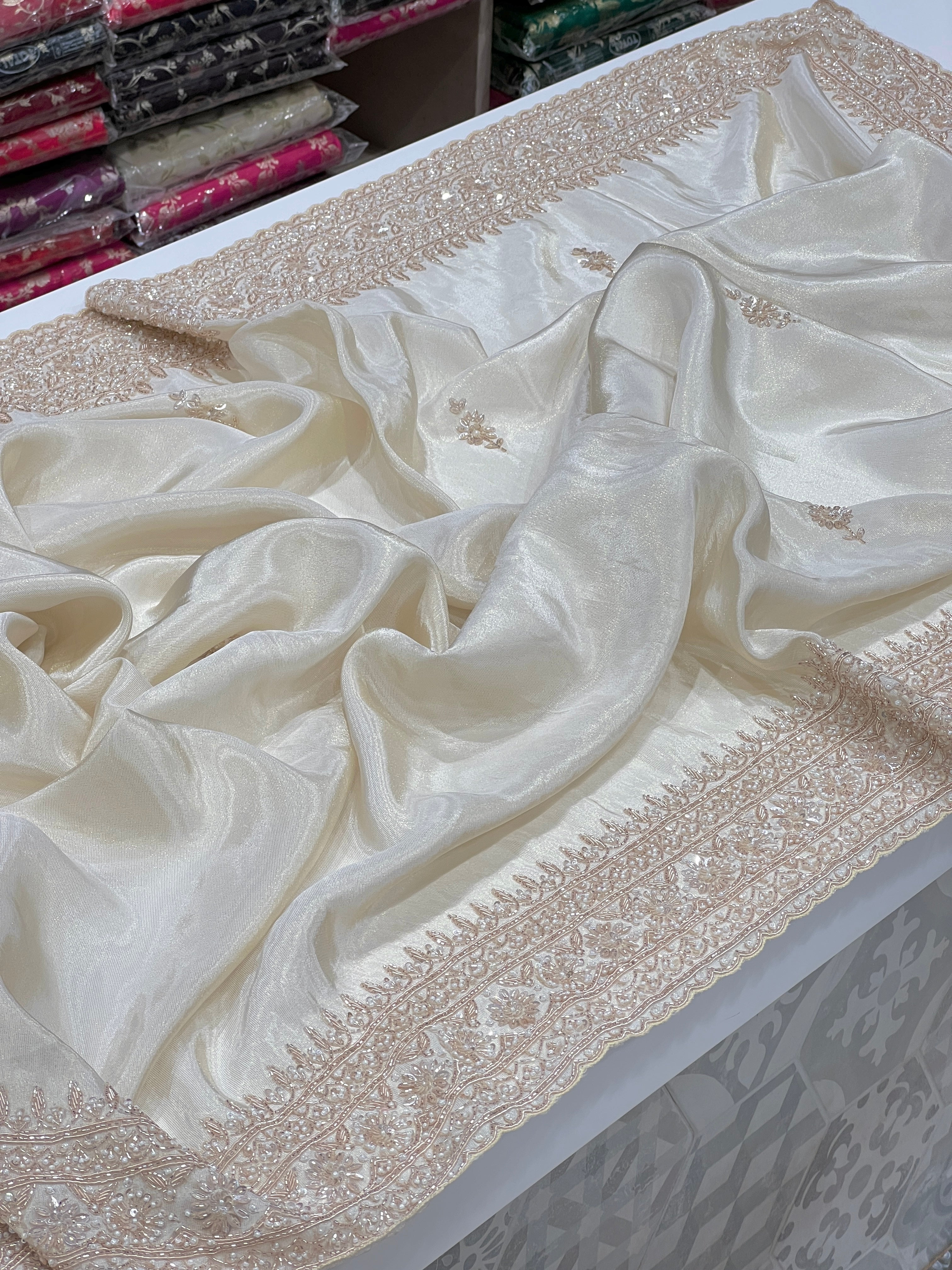 Cremish Kareena Kapoor Inspired Crepe Tissue Embroidery Saree 2.0