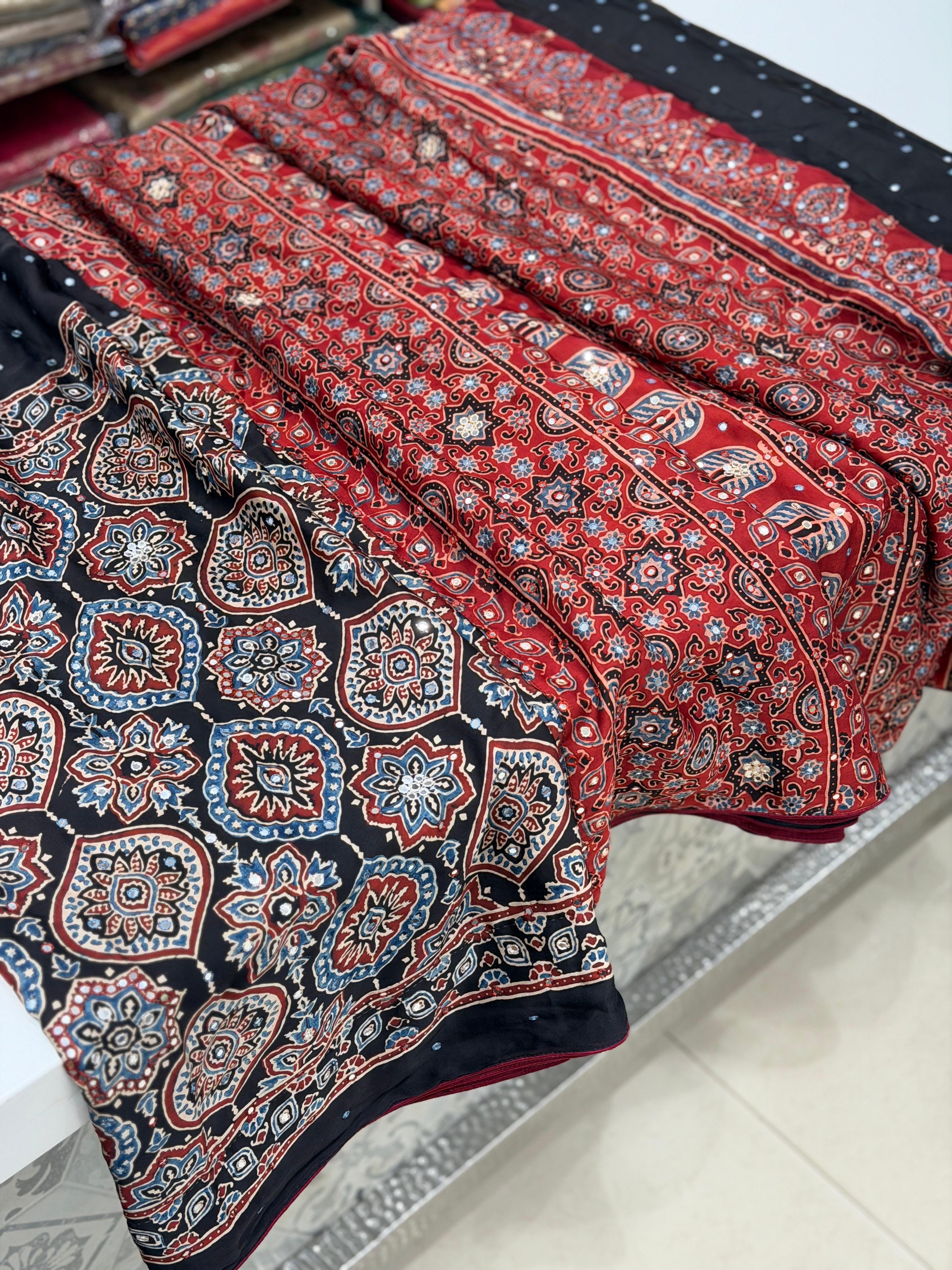 Black Red Badam Buttas Ajrakh Hand Embroidery Mirror Saree