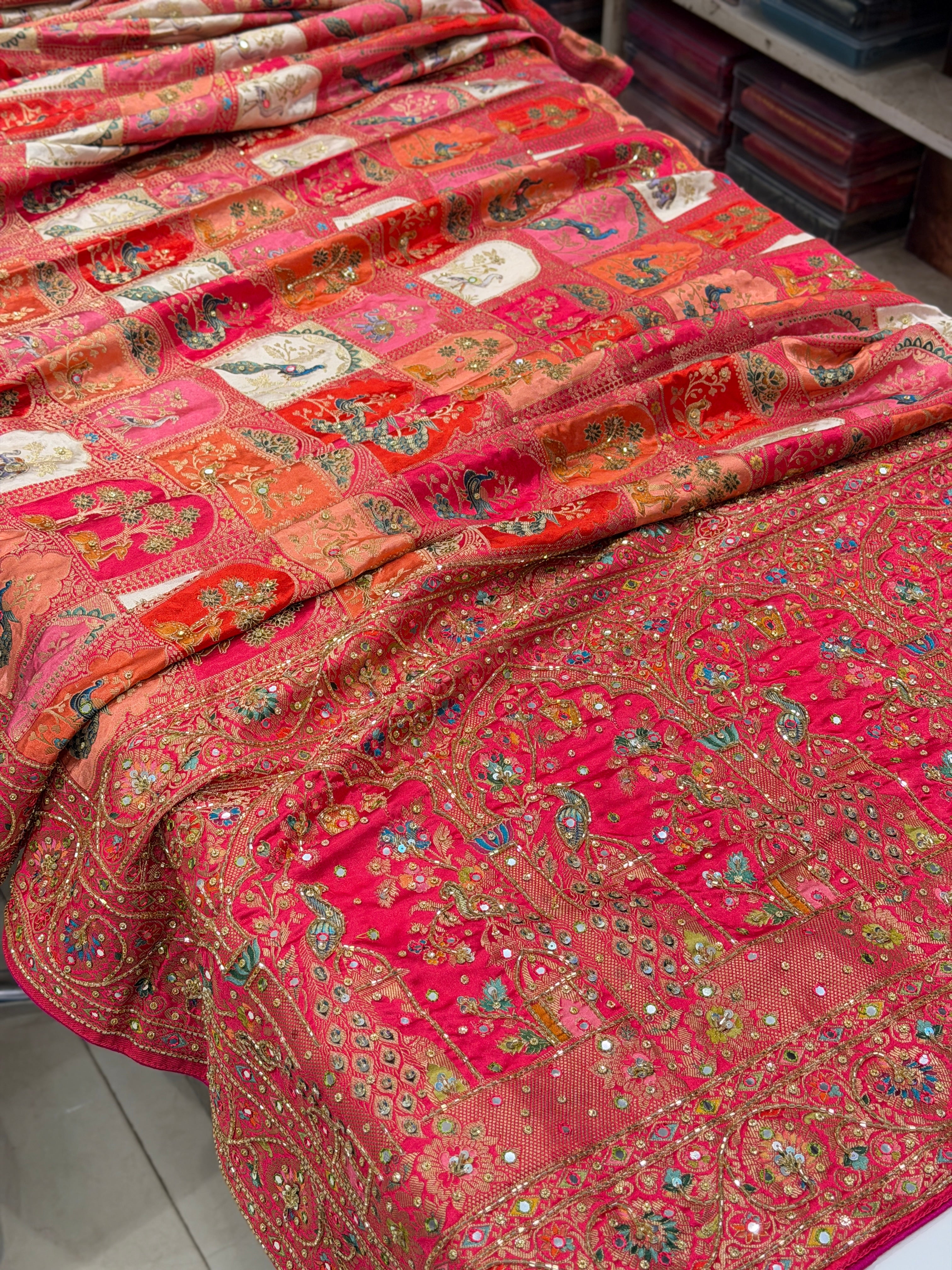 Banarasi Modal Rangkat Hawa Mahal Inspired Shikara Kutchi Hand Embroidery Saree