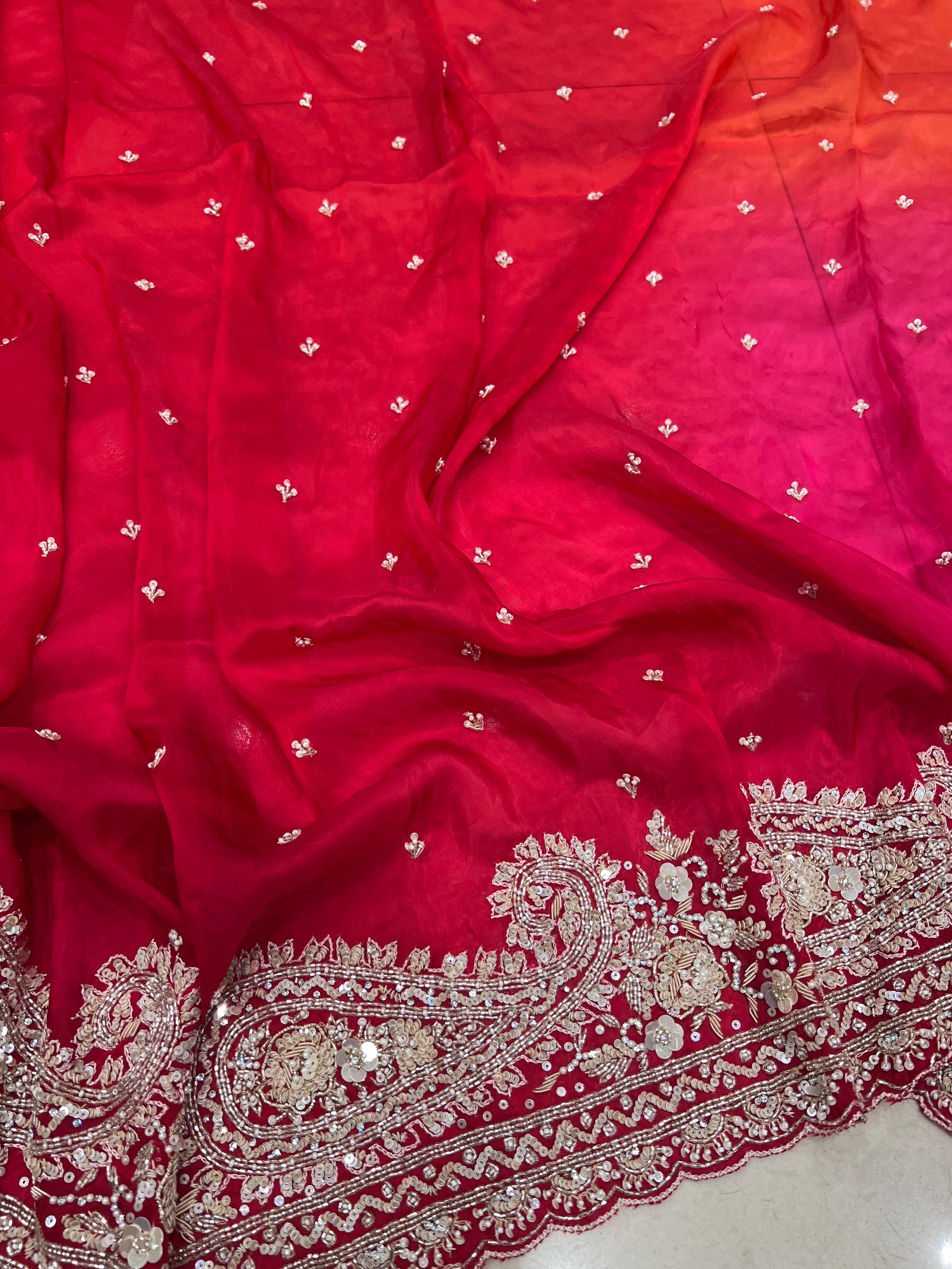 Shaded Satin Organza Hand Embroidery Saree