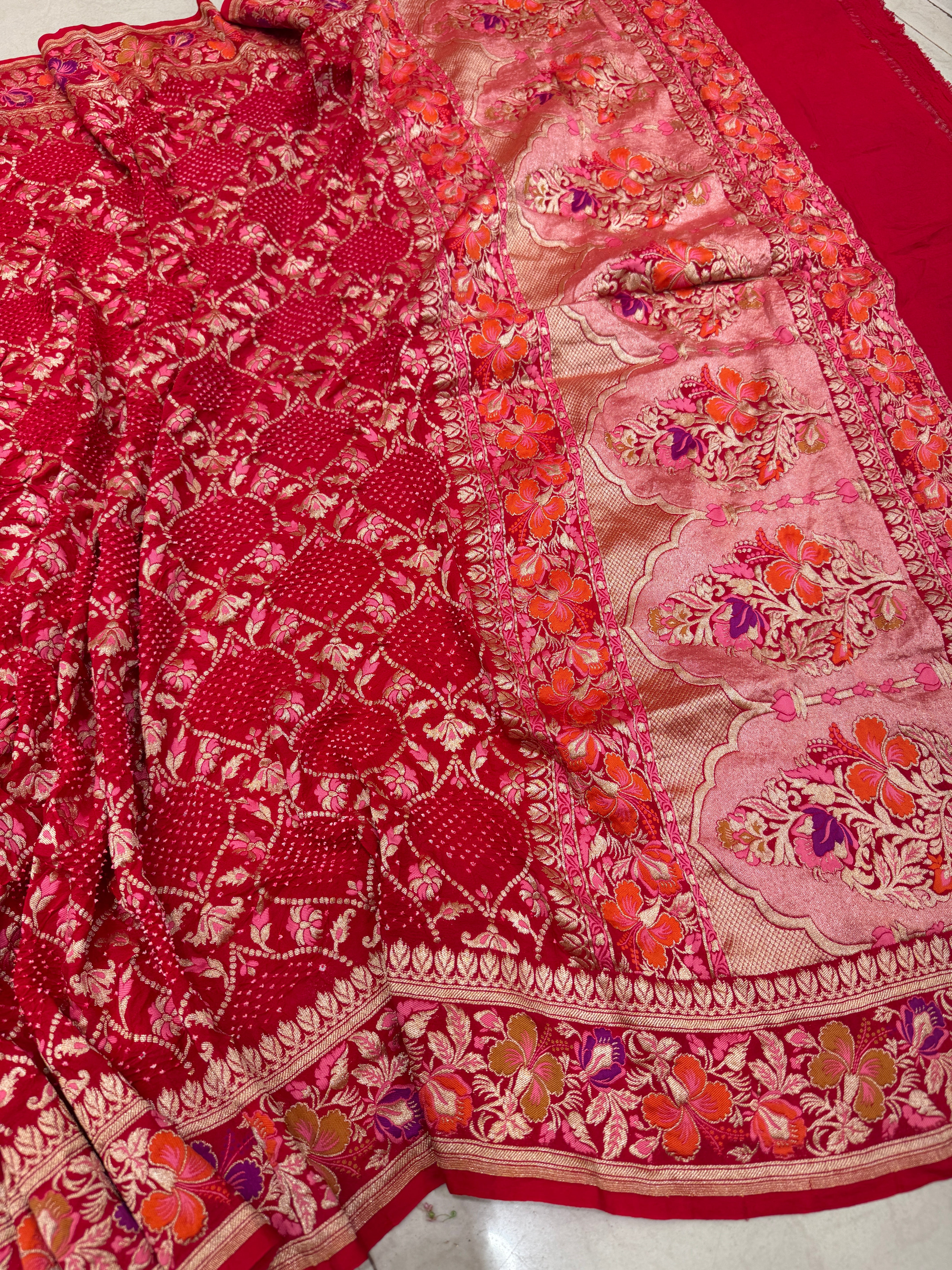 Red Meenakari Badam Jaal Rai Bandhej Georgette Dupatta
