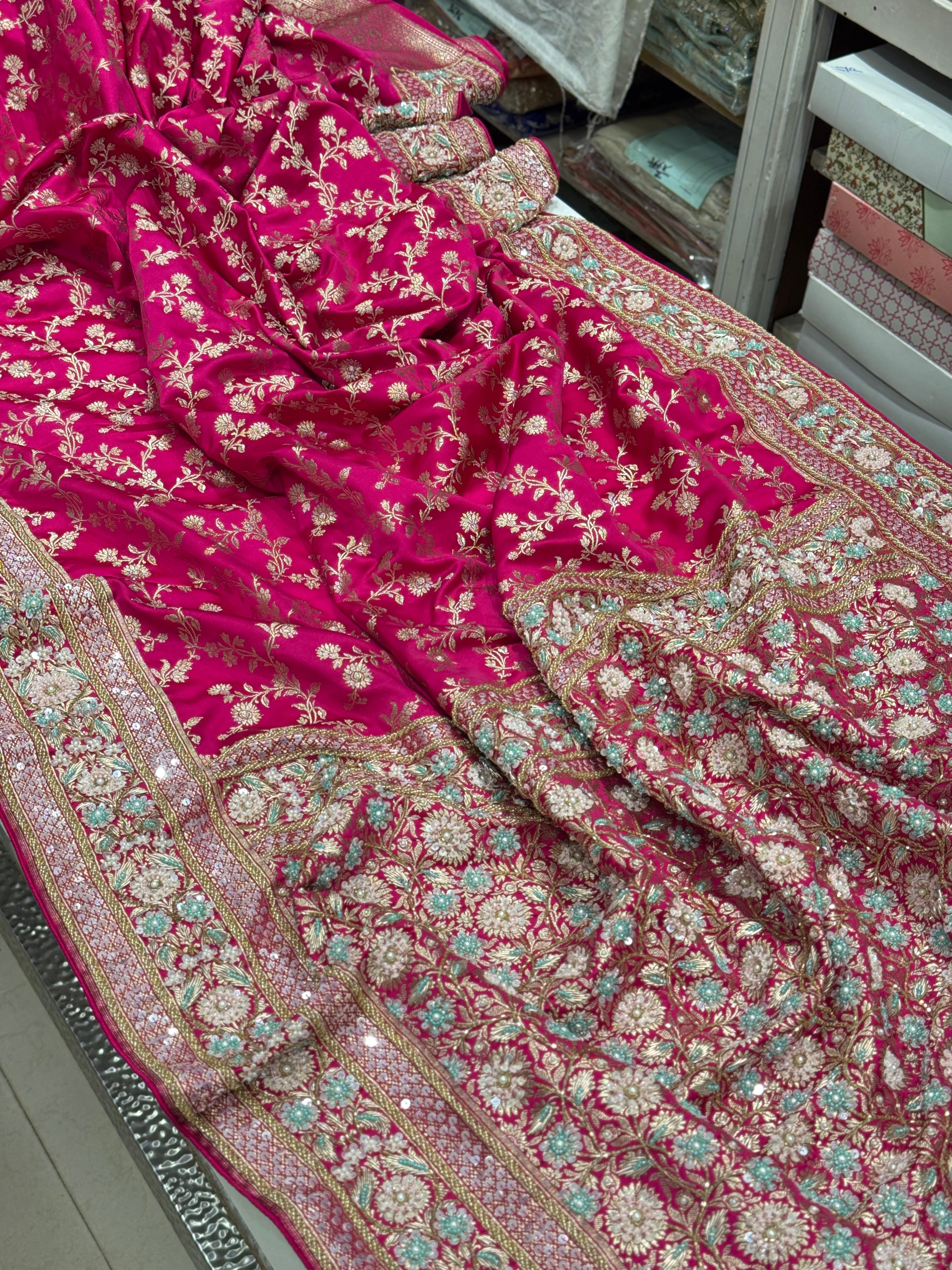 Rani Pink Banarasi Hand Embroidery Saree
