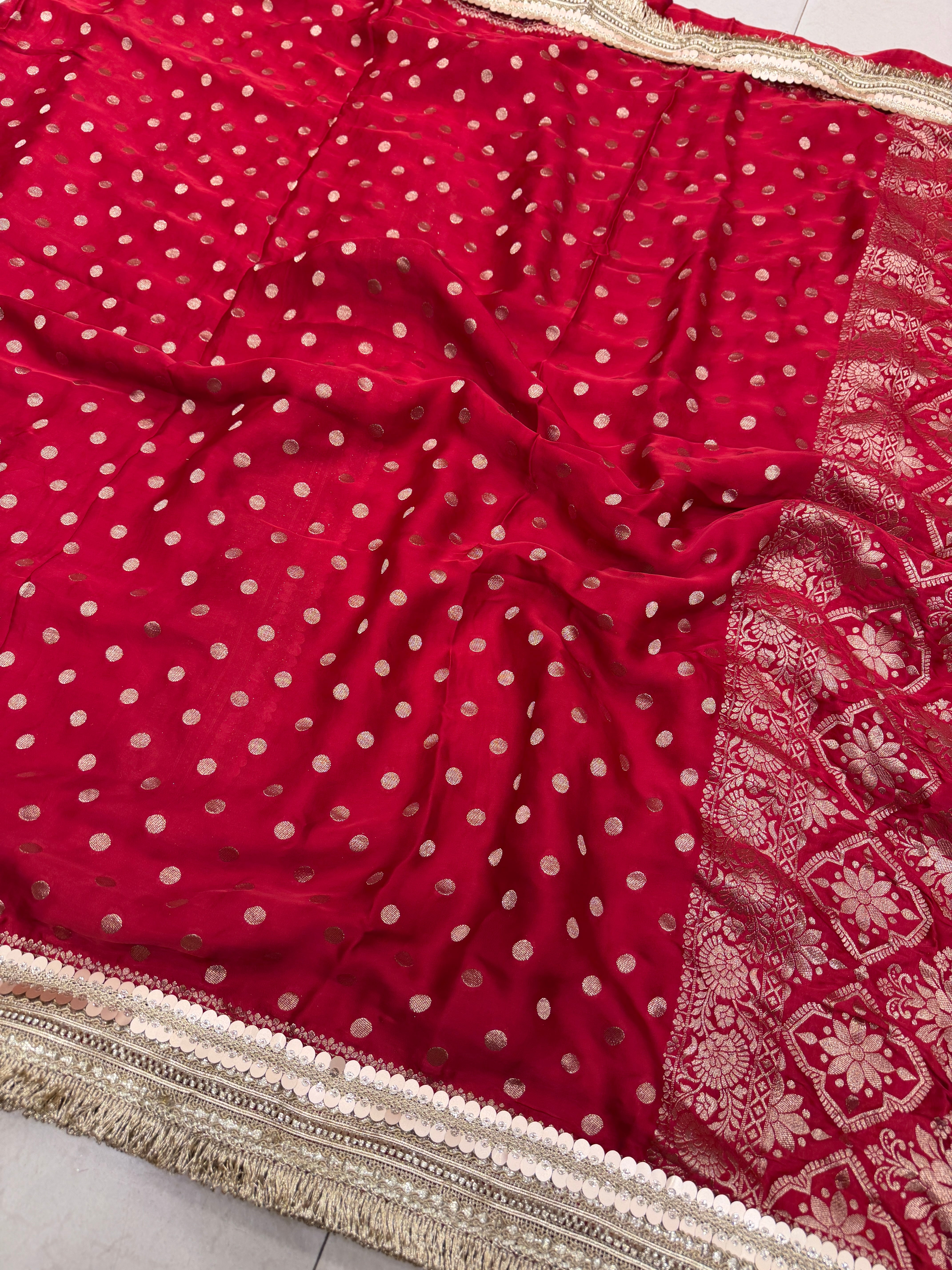 Red Polka Dot Satin Silk Maharani Lace Saree