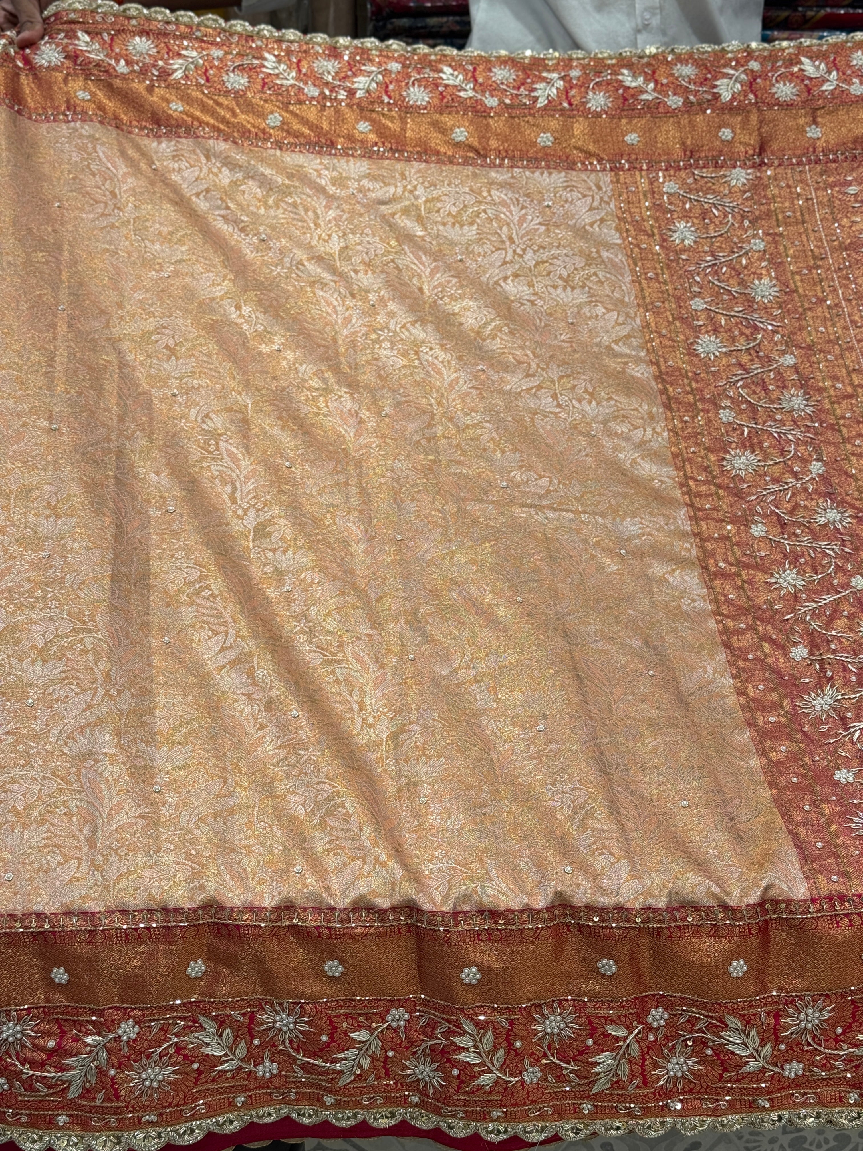 Peach Tissue Kanjivaram Hand Embroidery Saree