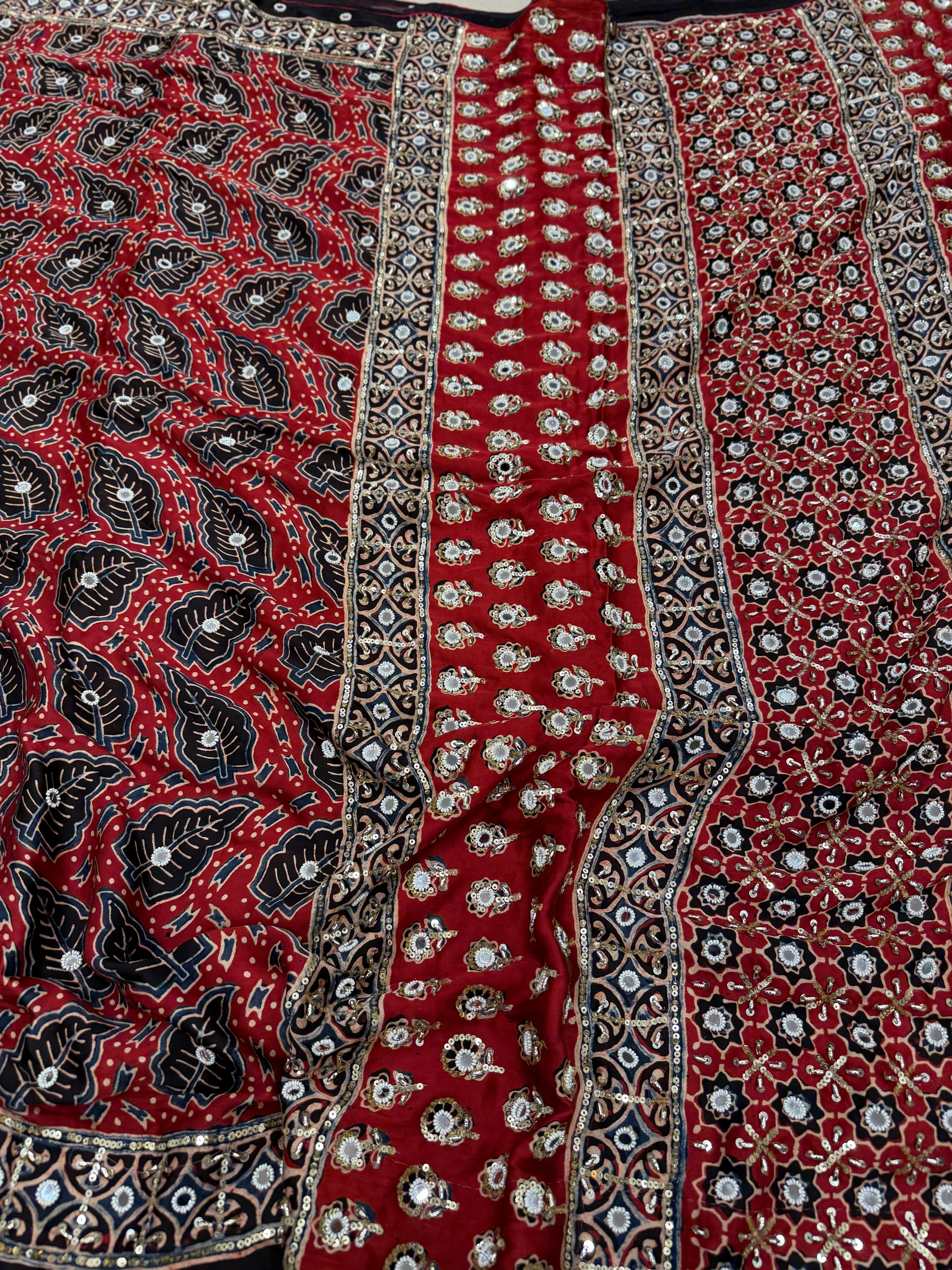 Red Leaf Buttas Ajrakh Real Mirror Moti Sequin Hand Embroidery Saree