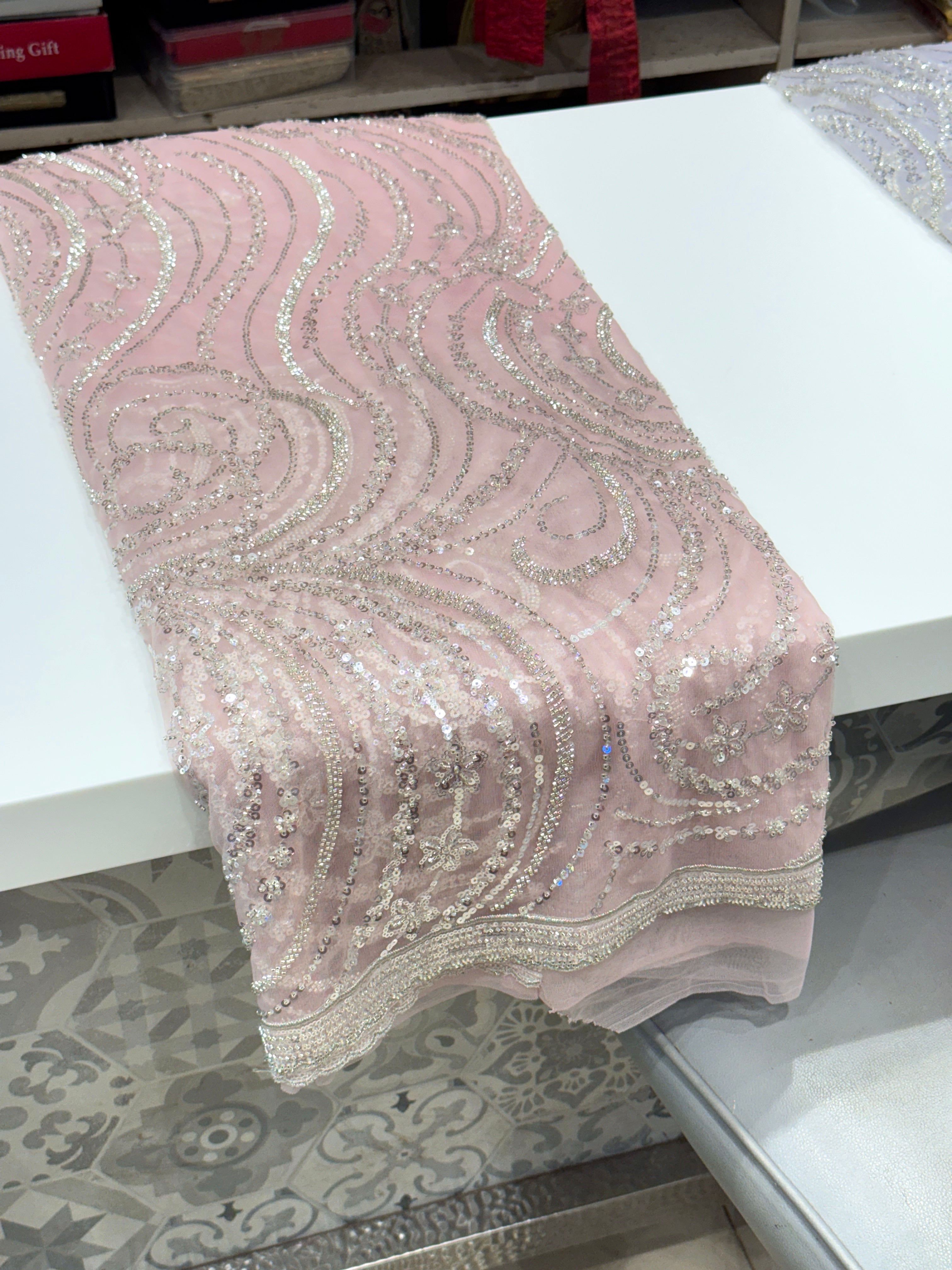 Pink Soft Net Sequin Moti Embroidery Saree