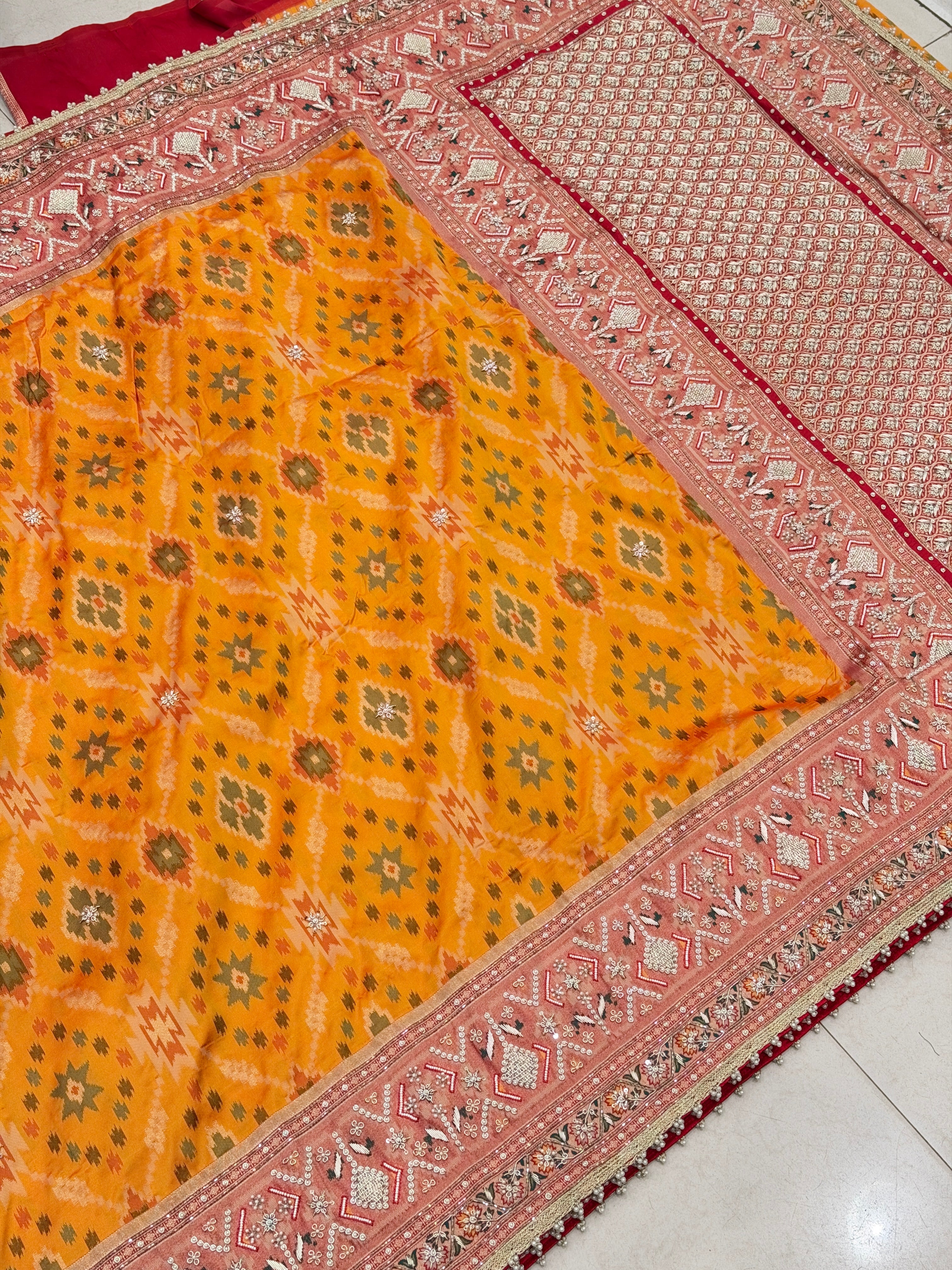 Orange Banarasi Patola Zardosi Hand Embroidery Moti Work Saree