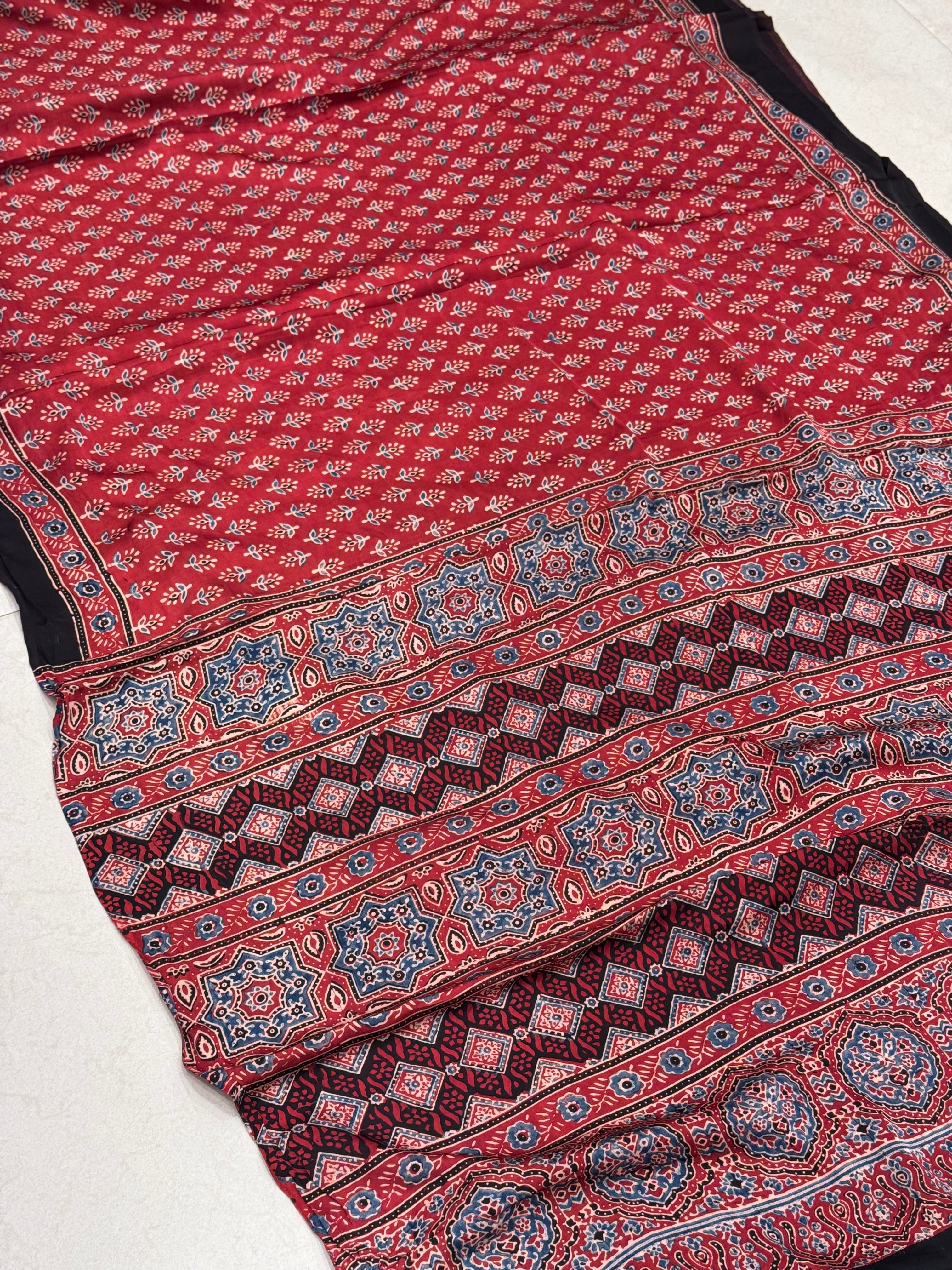 Red Buttis Ajrakh Saree Modal Gajji Silk Hand Block Print