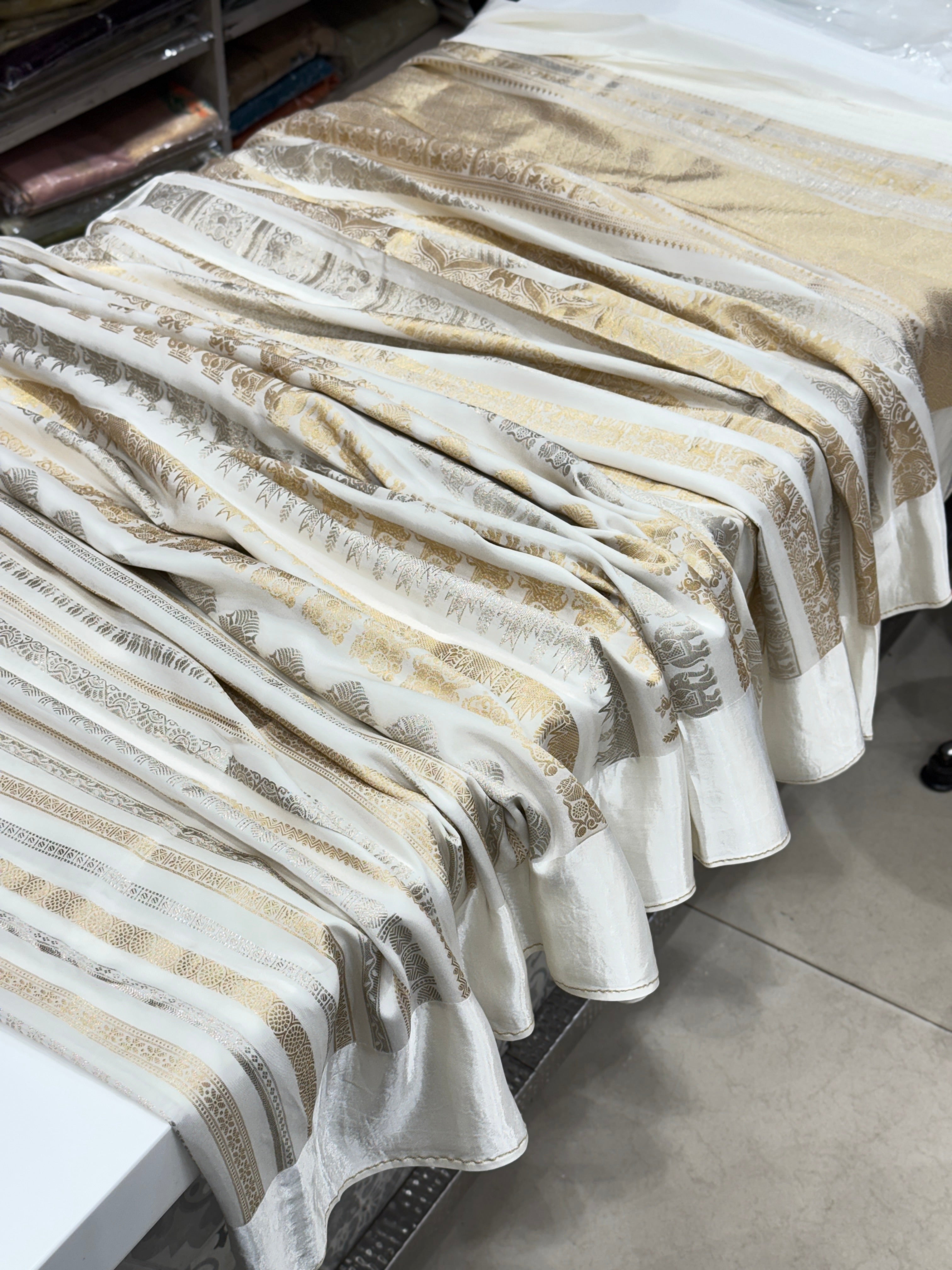 Nita Ambani Inspired White Contemporary Banarasi Saree