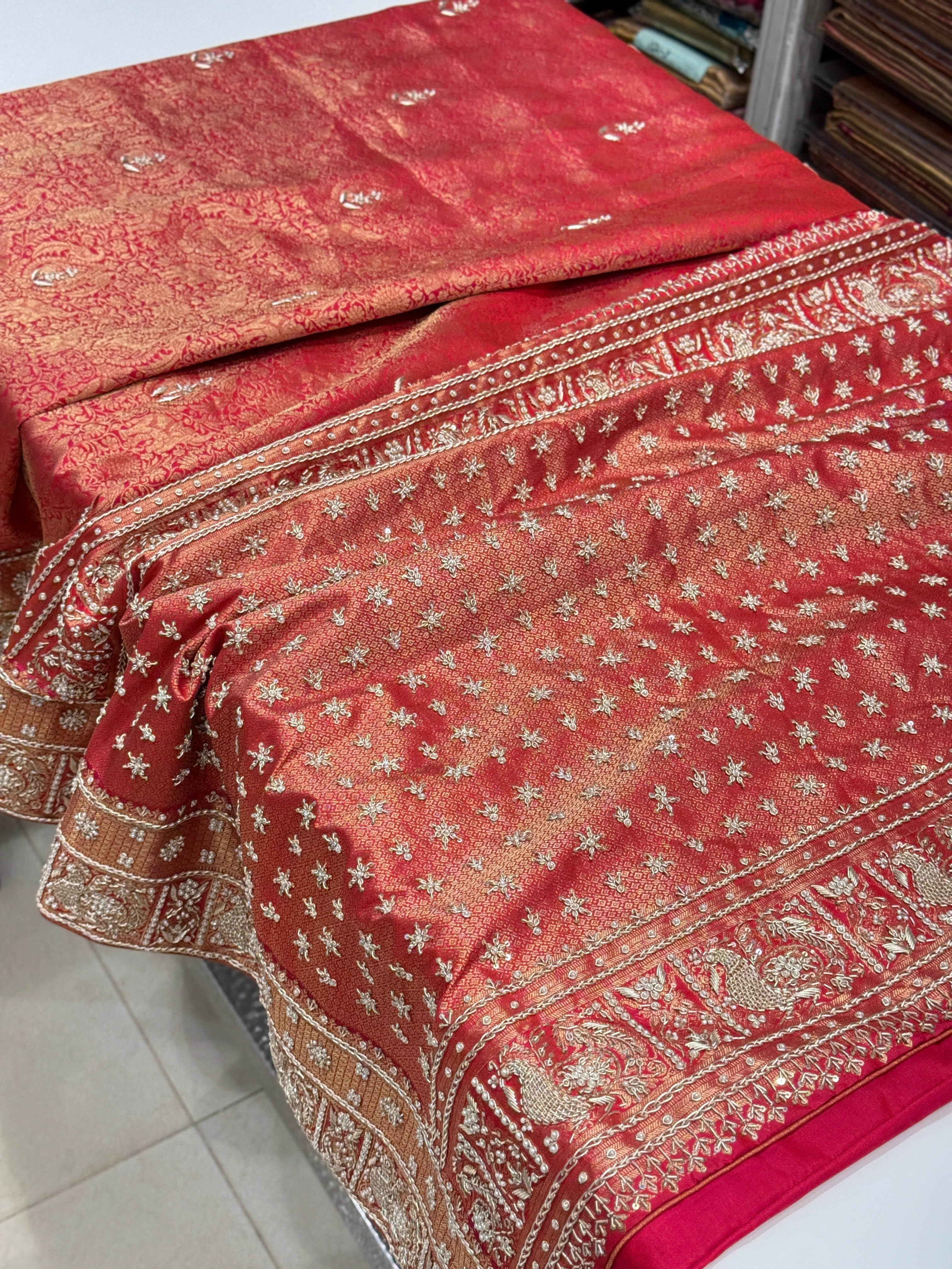 Red Kanjivaram Peacock Motif Zardozi Hand Embroidery Saree