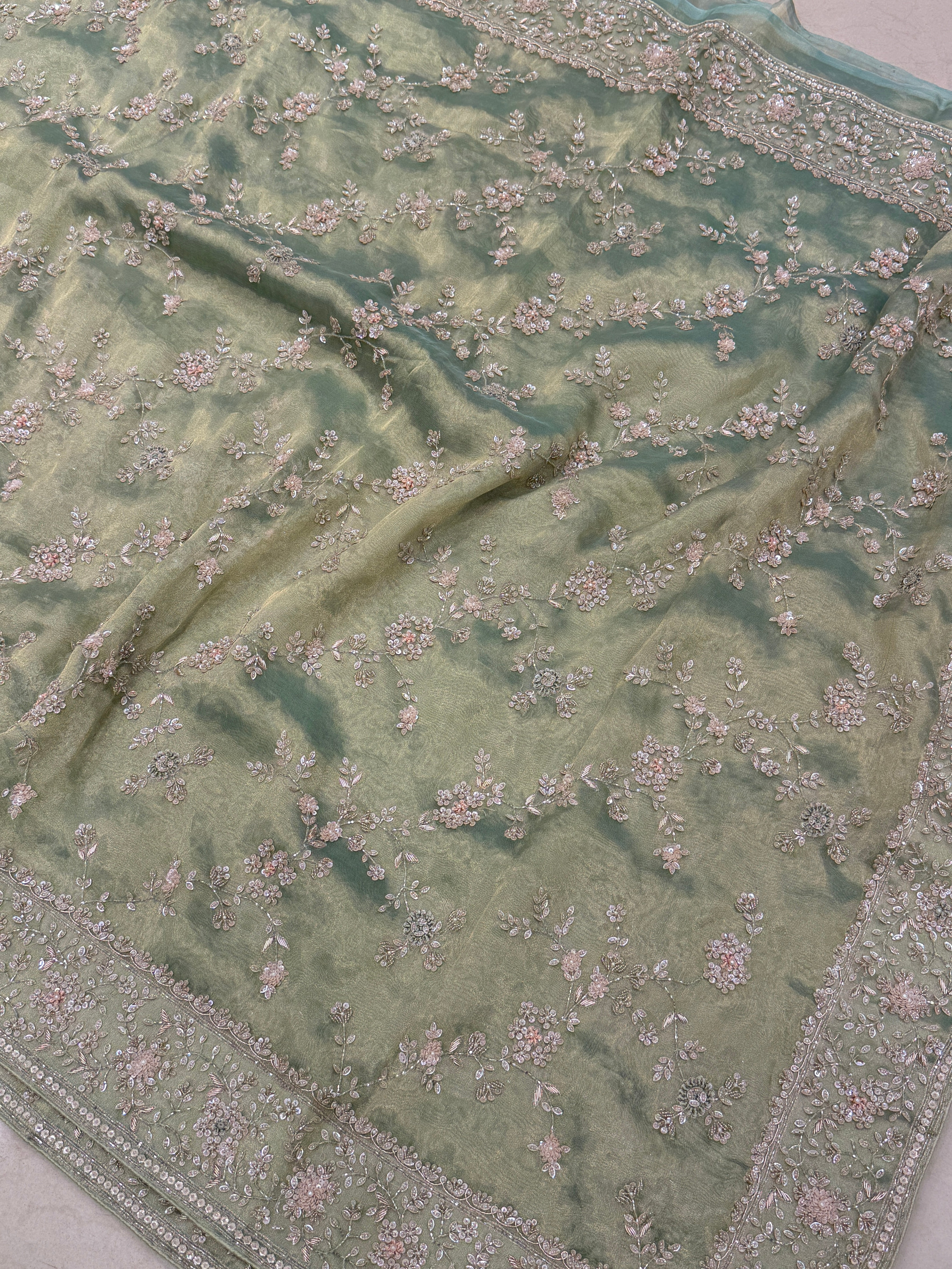 Green Tissue Silk Moti Sequin Zardosi Hand Embroidery Jaal Saree
