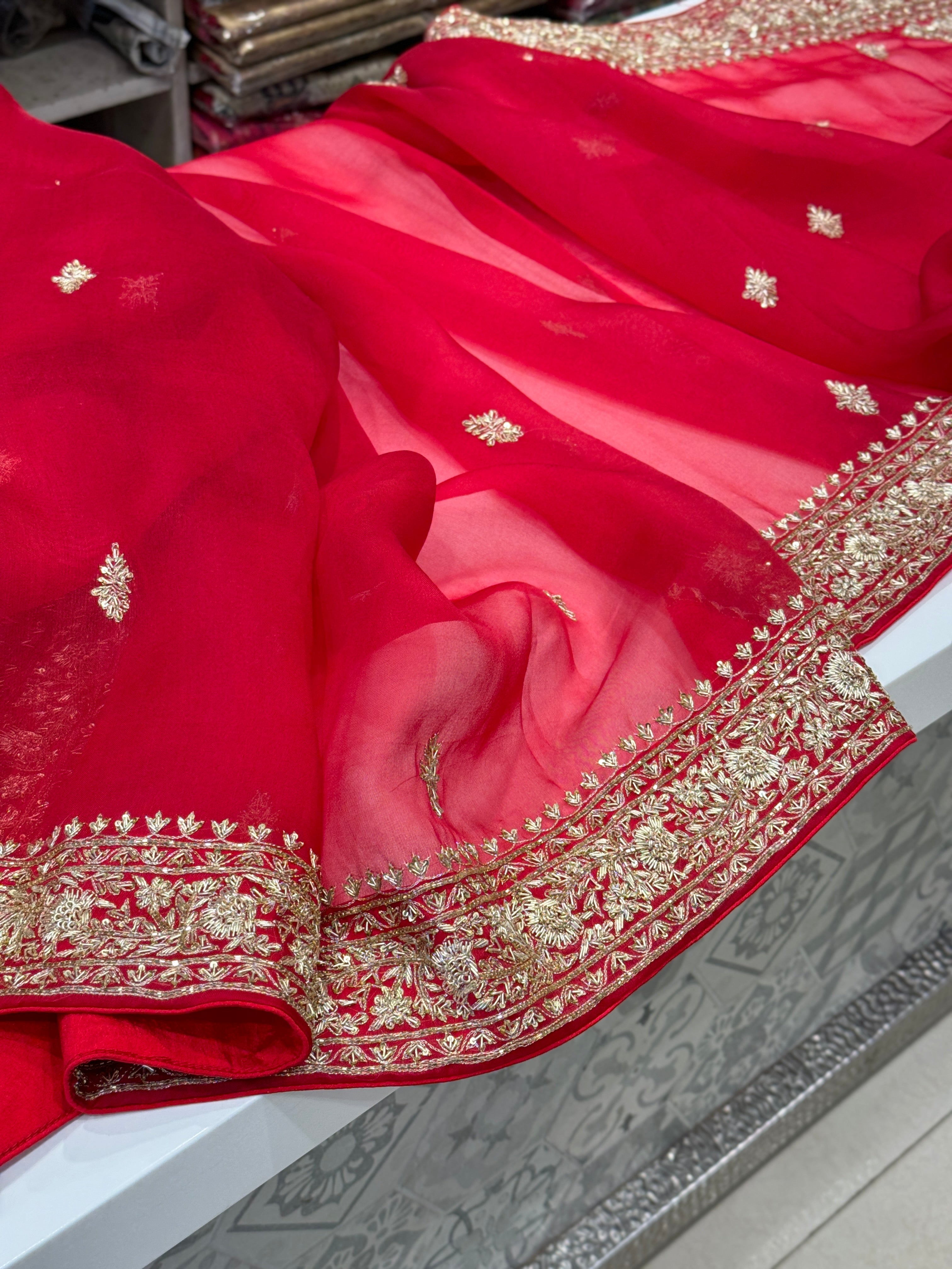 Red Pure Organza Zardosi Embroidery Saree