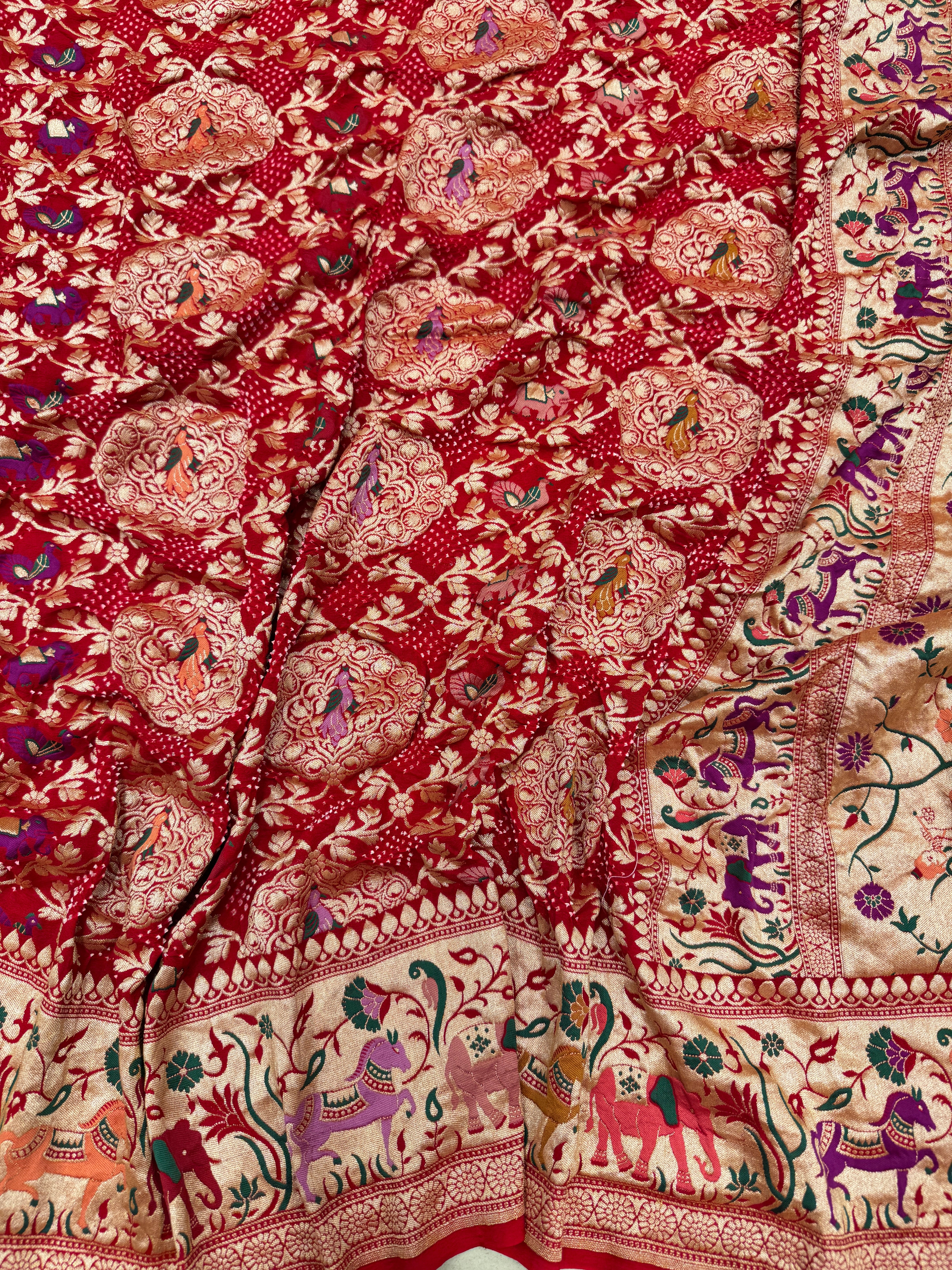 Red Meenakari Rai Bandhej Shikara Saree