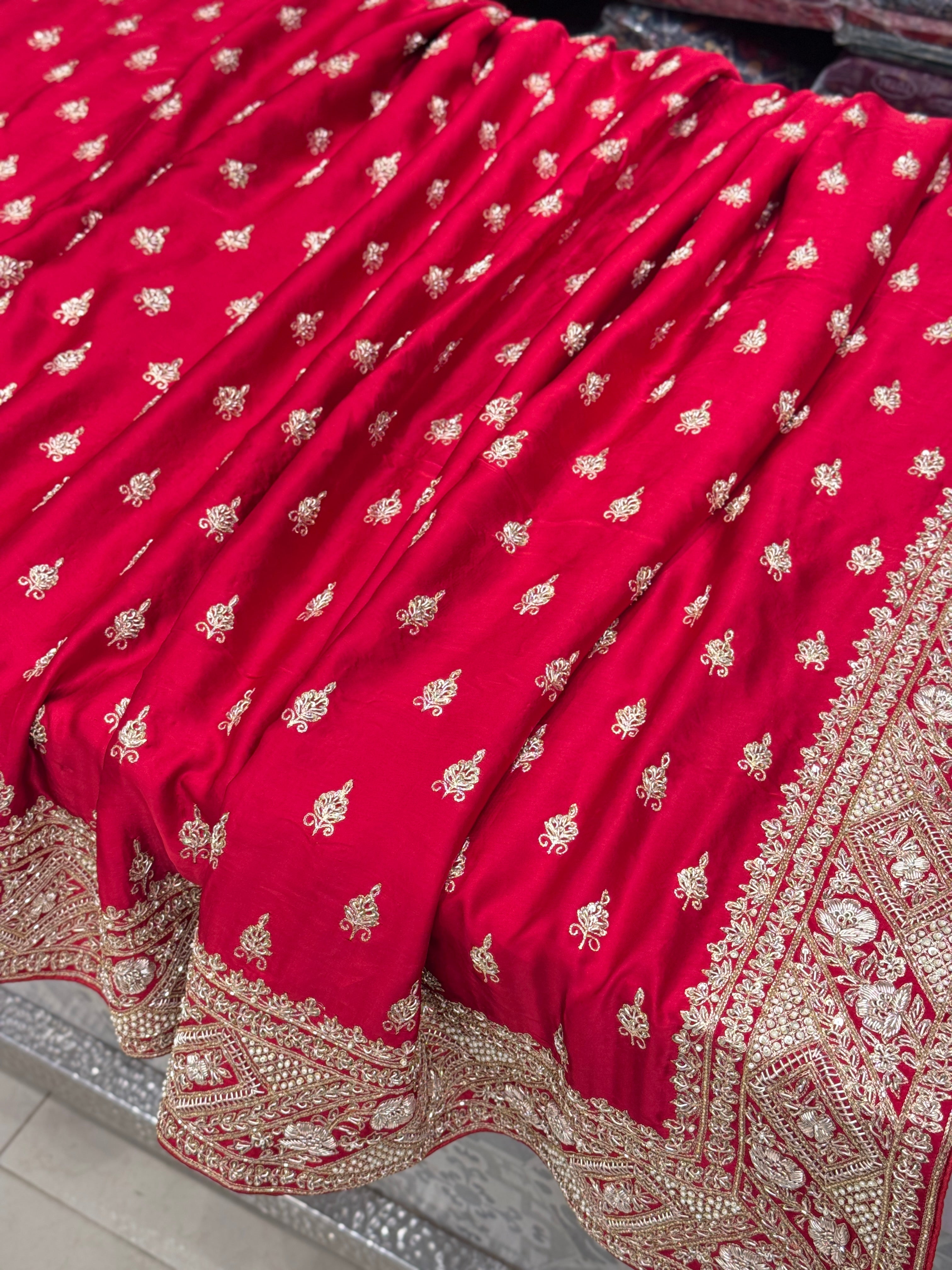 Red Hand Embroidery Buttis Pure Satin Zardosi Embroidery