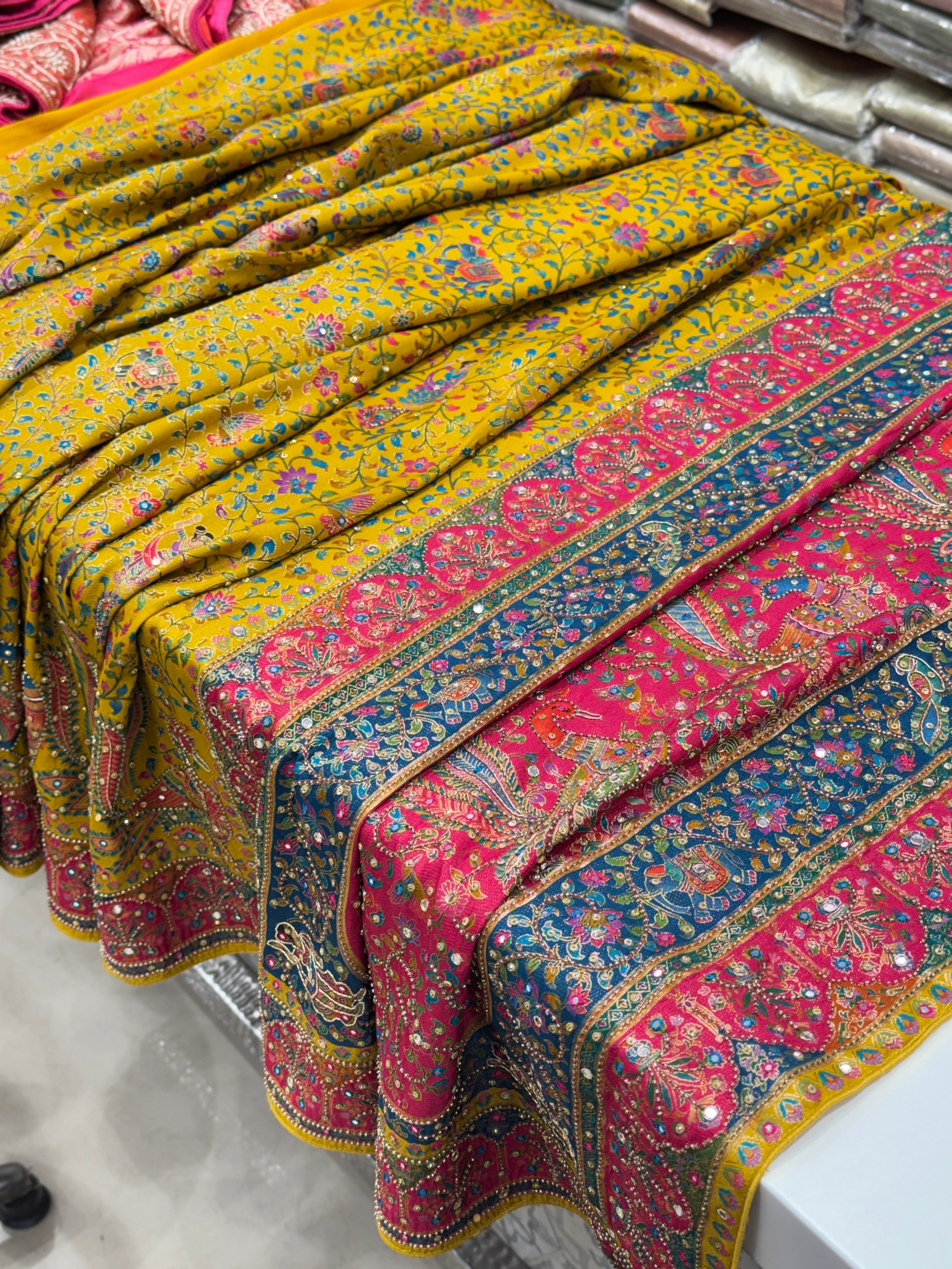 Yellow Pashmina Style Moti Hand Embroidery Saree