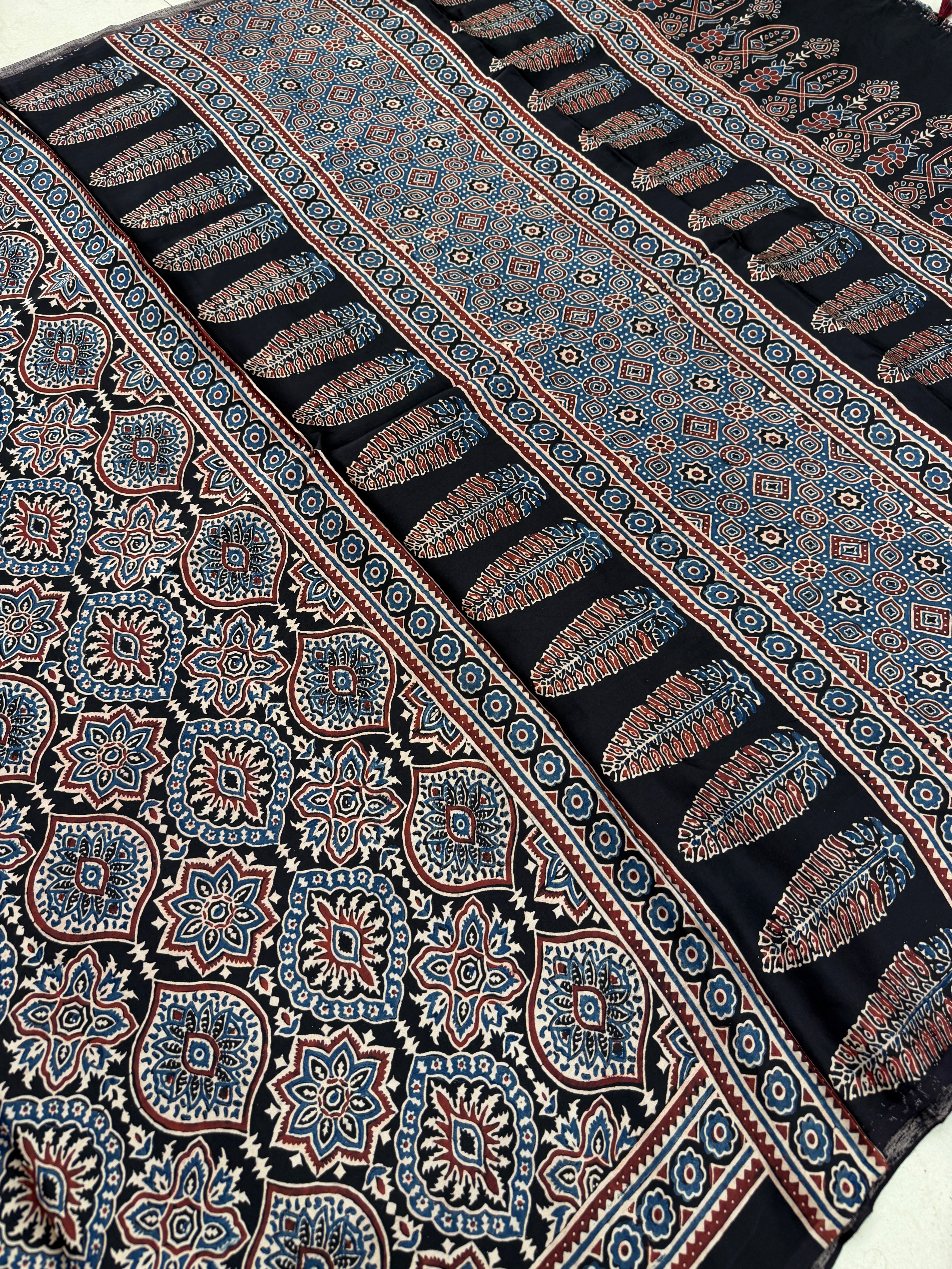 Black Badam Ajrakh Hand Block Print Pure Gajji Silk Saree