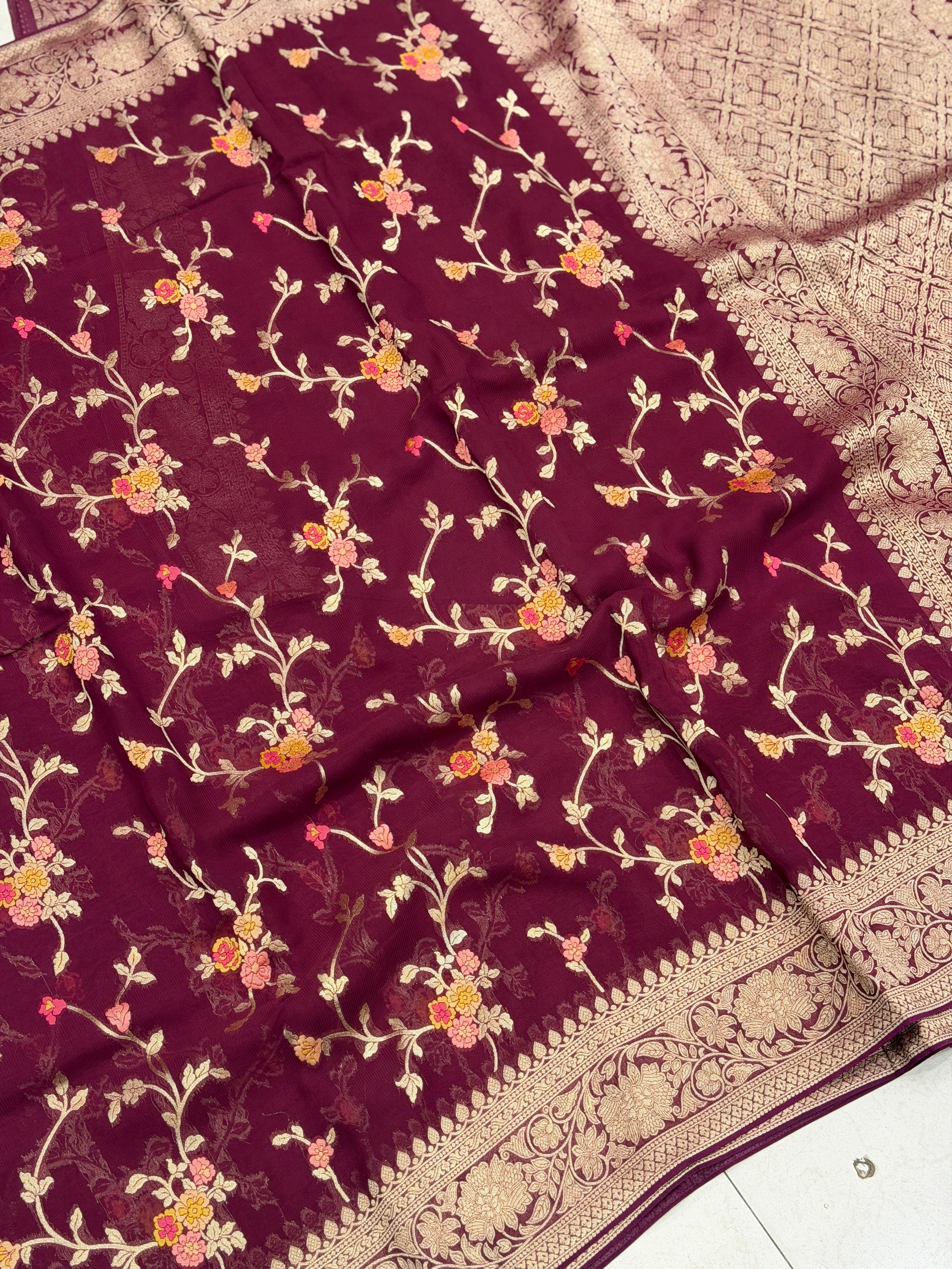 Wine Meenakari Banarasi Khaddi Georgette Jaal Saree