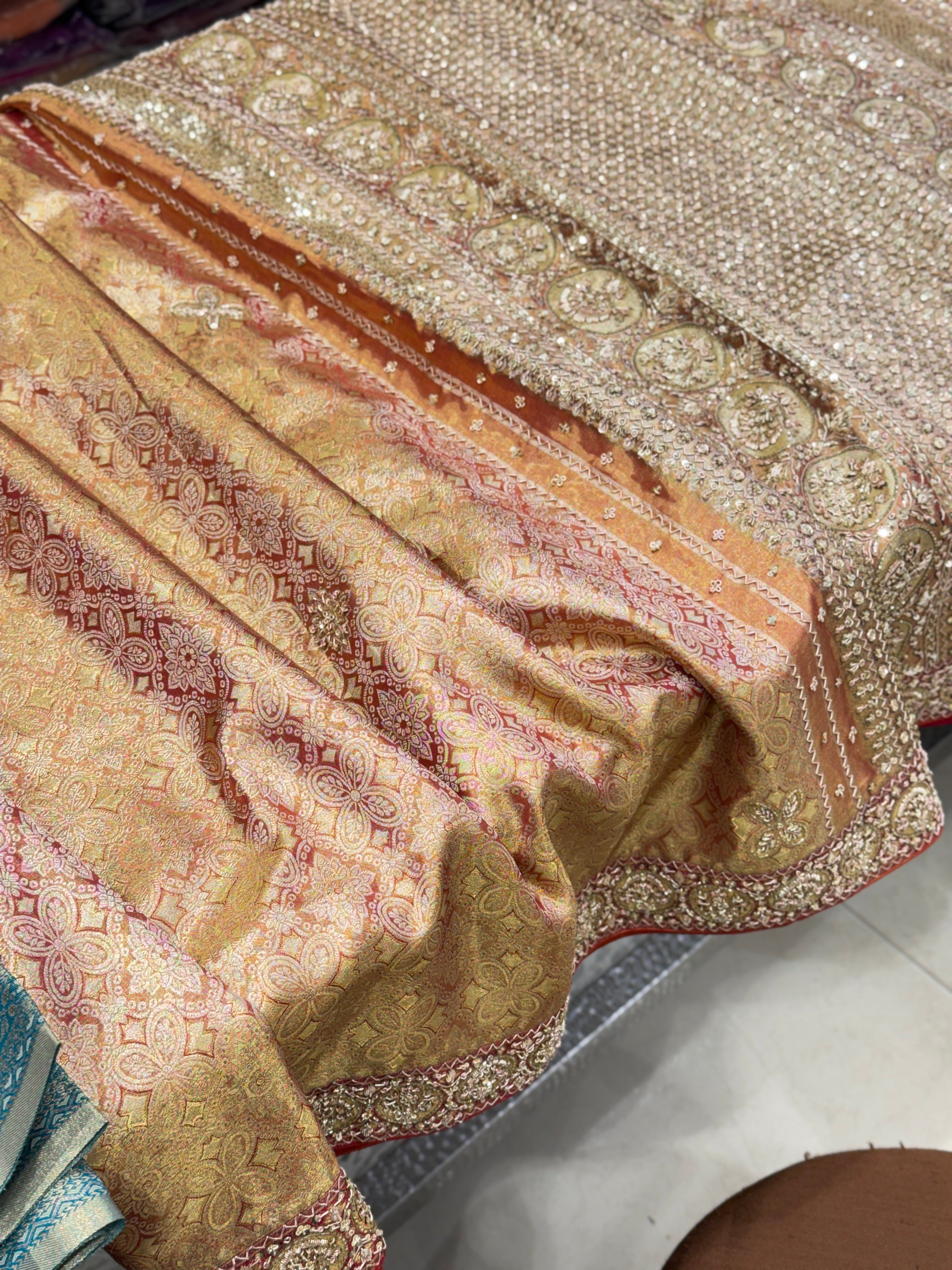 Golden Red Dhup Chav Kanjivaram Small Border Hand Embroidery Zardosi Saree