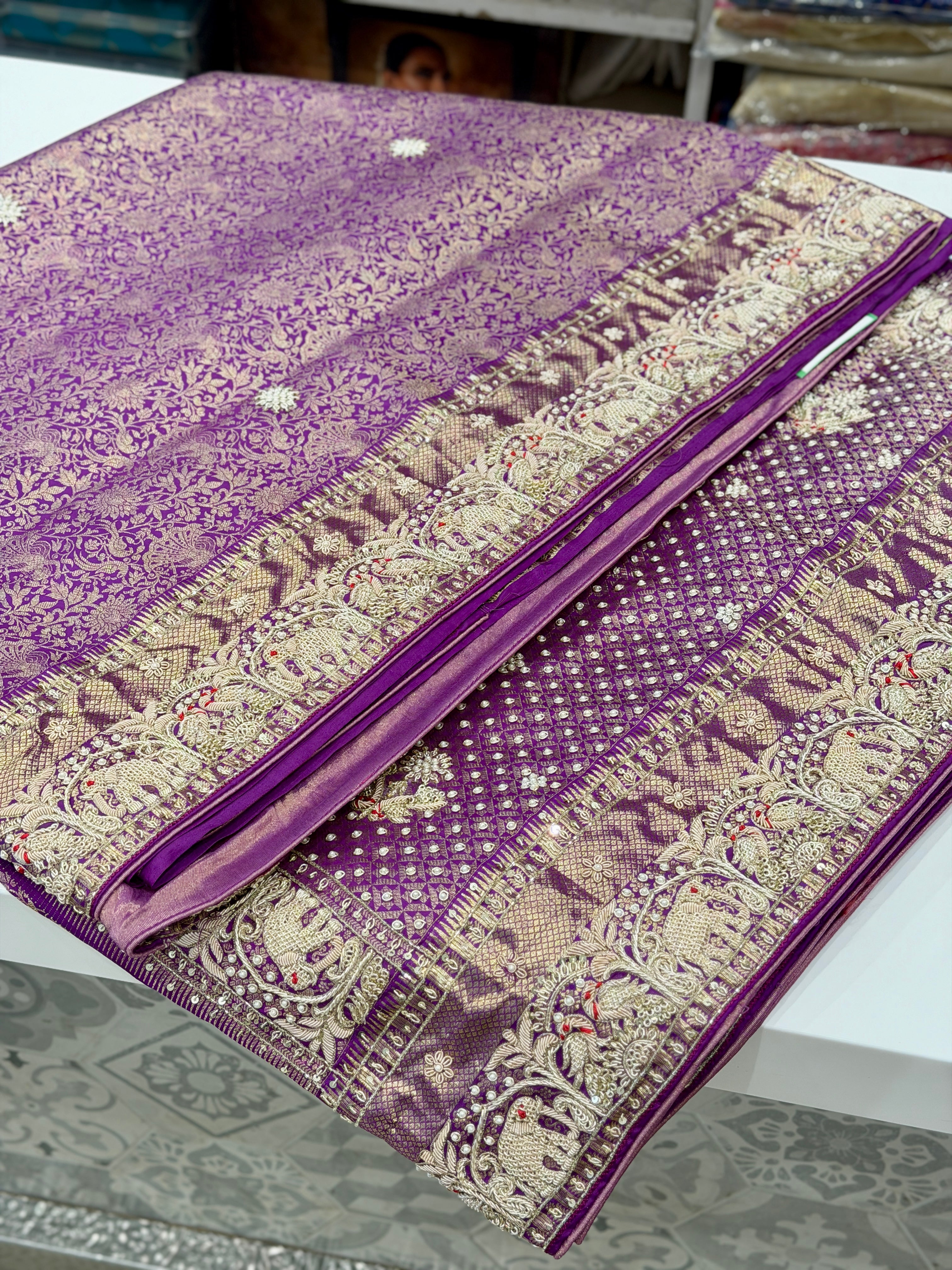 Violet Kanjivaram Elephant Motif Hand Embroidery Zardosi Saree
