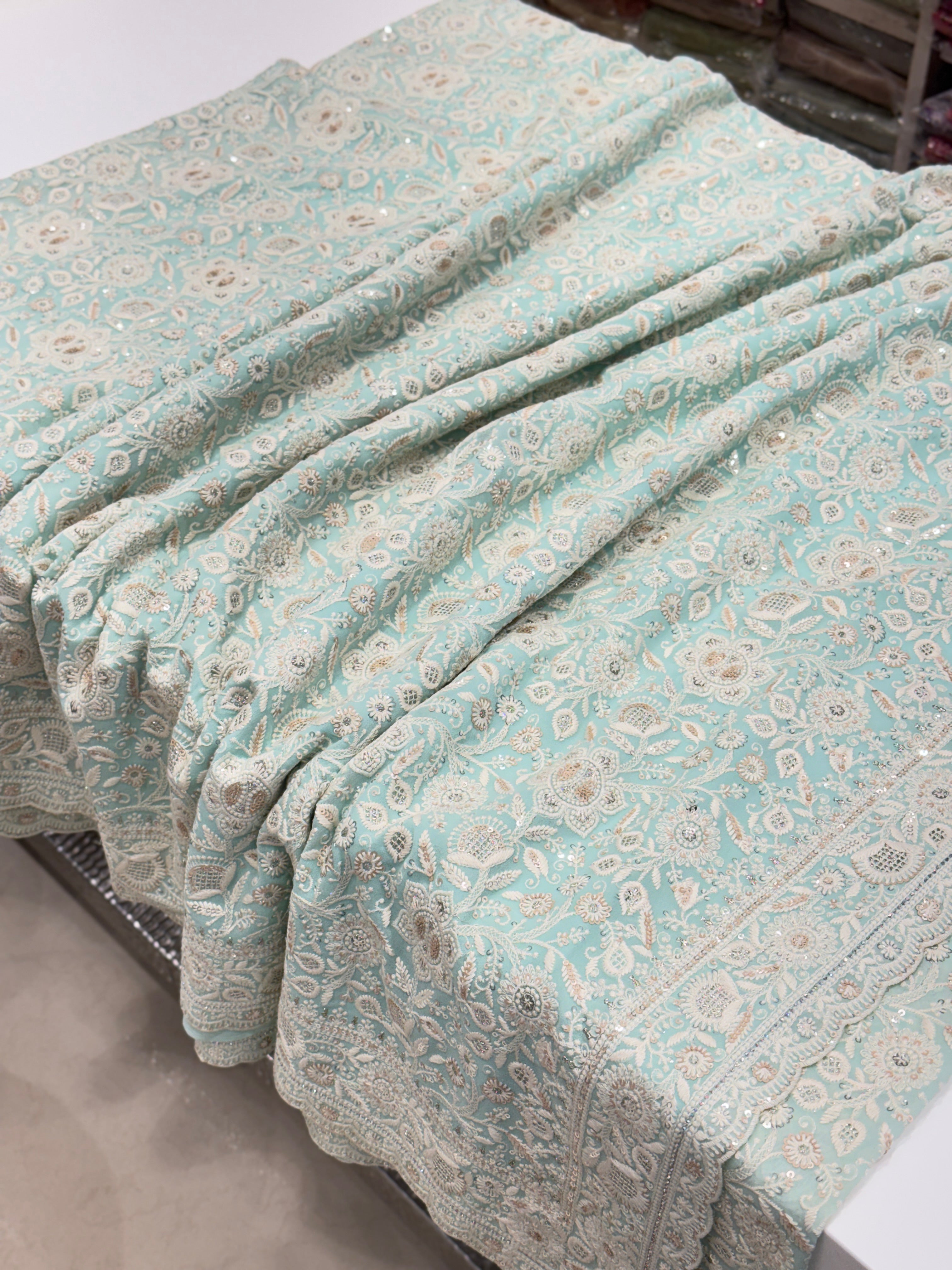 Blue Chikankari Small Scallop Design Saree