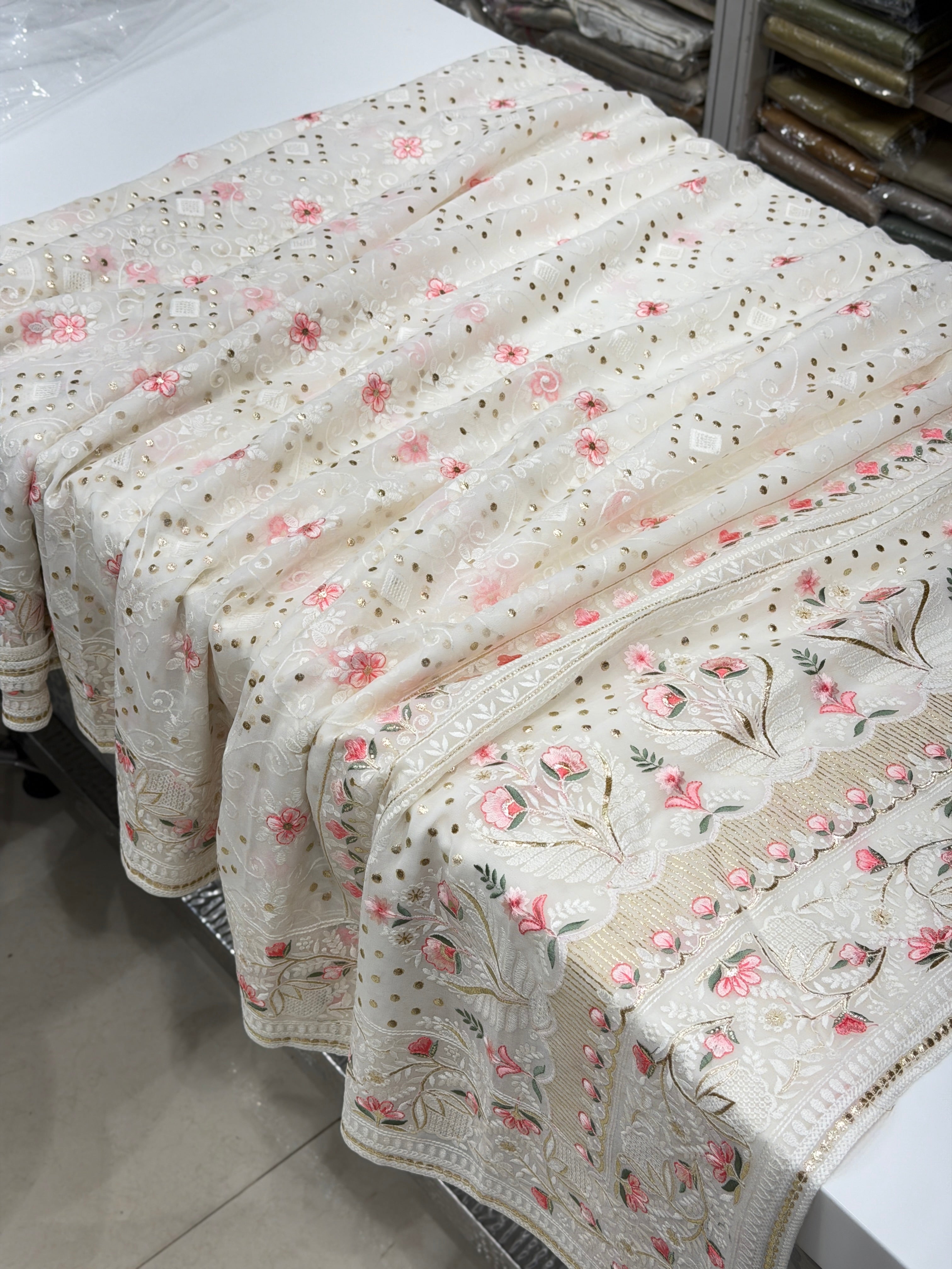 White Chikankari Meena Resham Mukaish Pita Georgette Saree