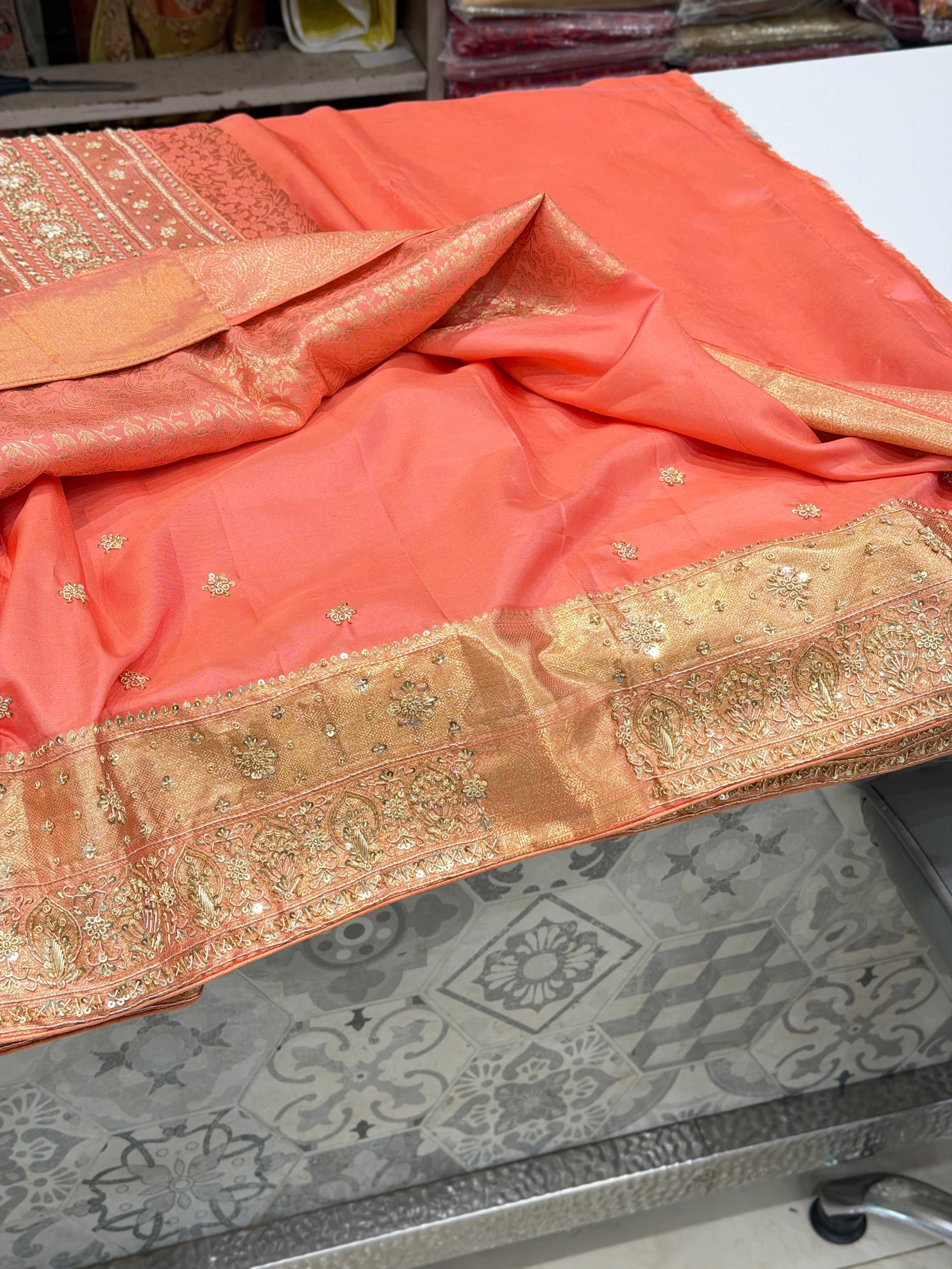 Pastel Peachish Pink Kanjivaram Zardosi Hand Embroidery Saree
