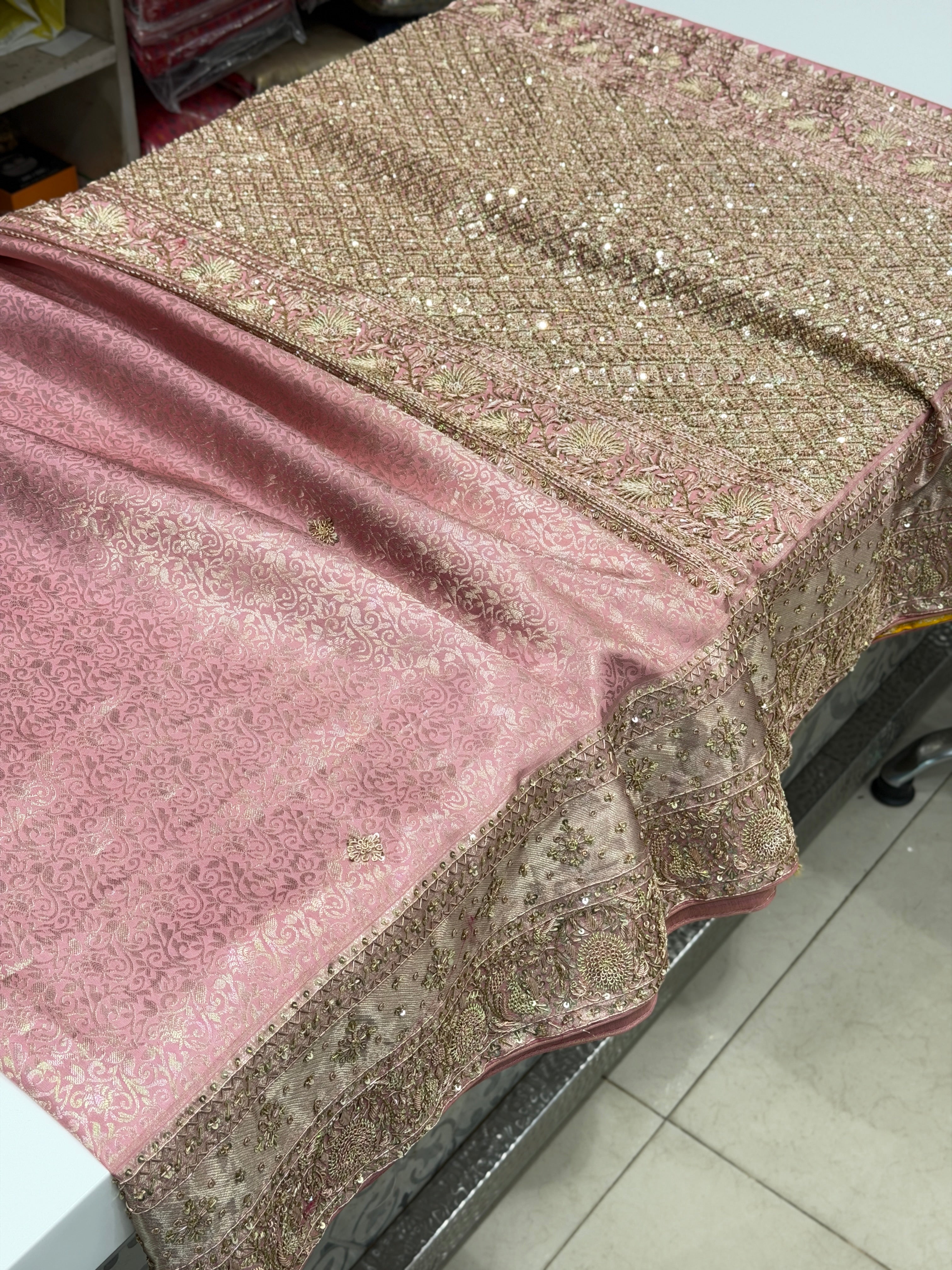 Pink Contrast Blouse Kanjivaram Zardosi Hand Embroidery Saree