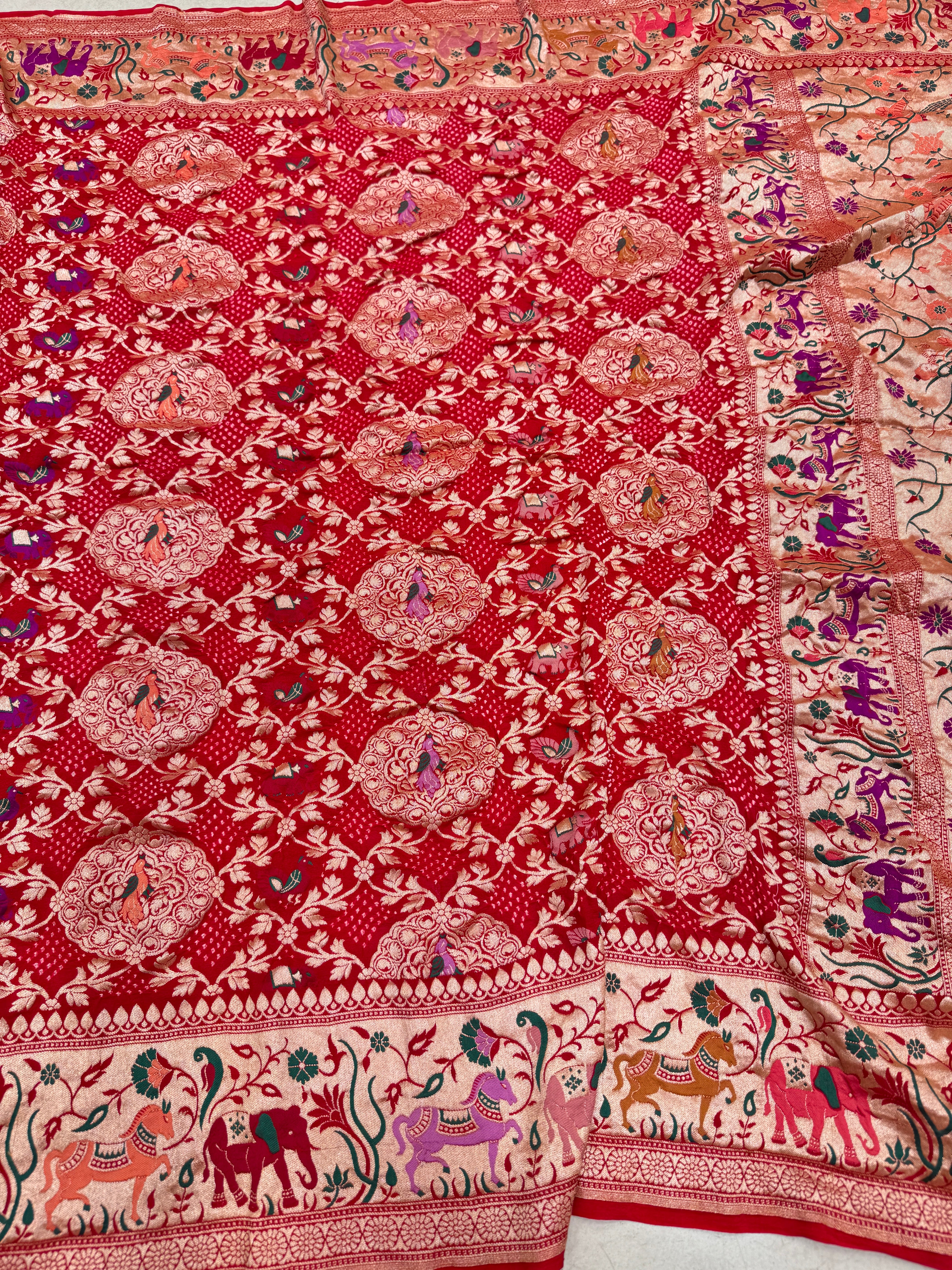 Red Meenakari Rai Bandhej Shikara Saree