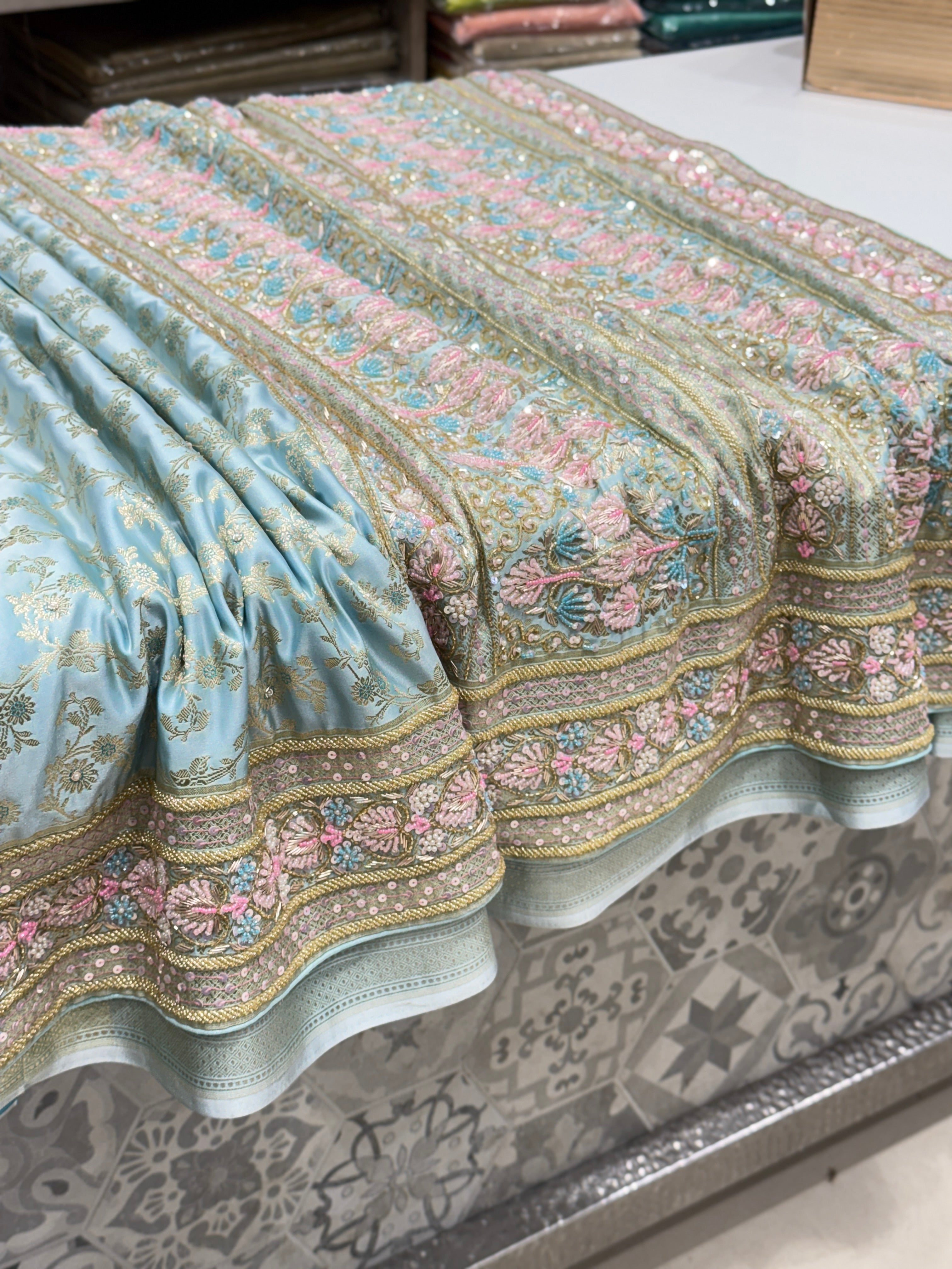 Light Blue Banarasi Heart Border Fancy Embroidery Saree