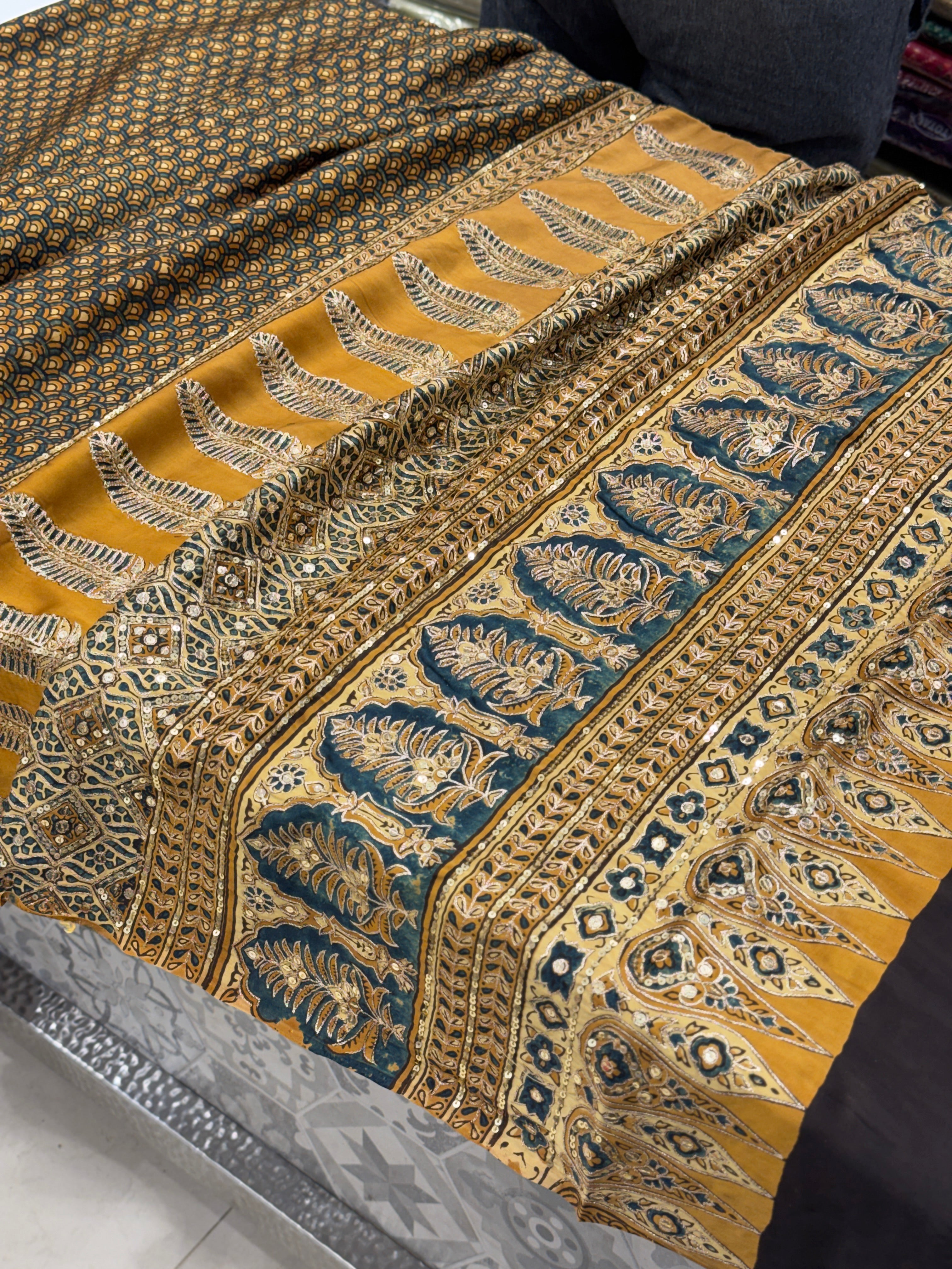 Mustard Yellow Buttis Pita Sequin Ajrakh Hand Embroidery Saree