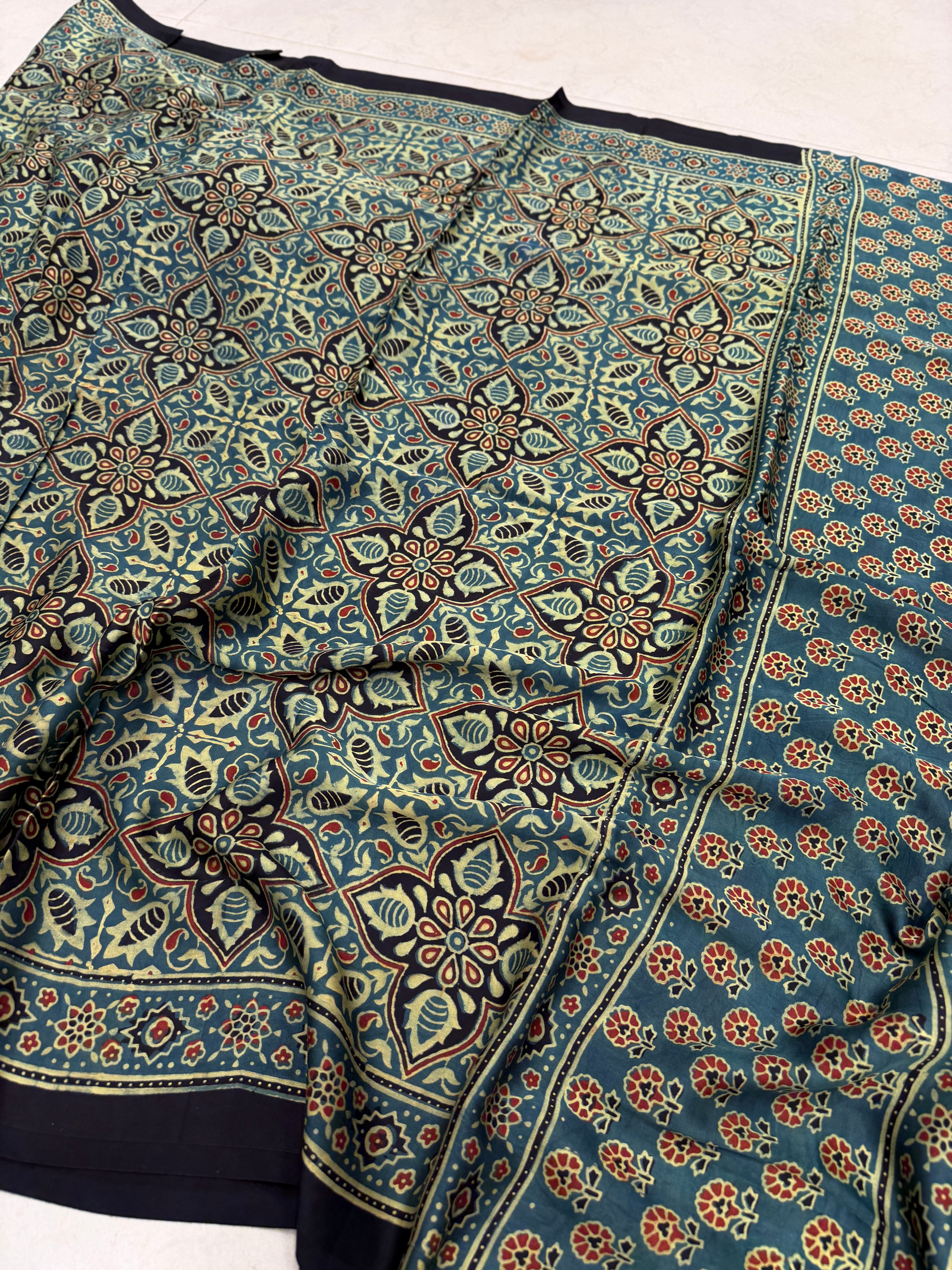 Green Elkweed Flower Buttis Ajrakh Hand Block Print Pure Modal Silk Saree
