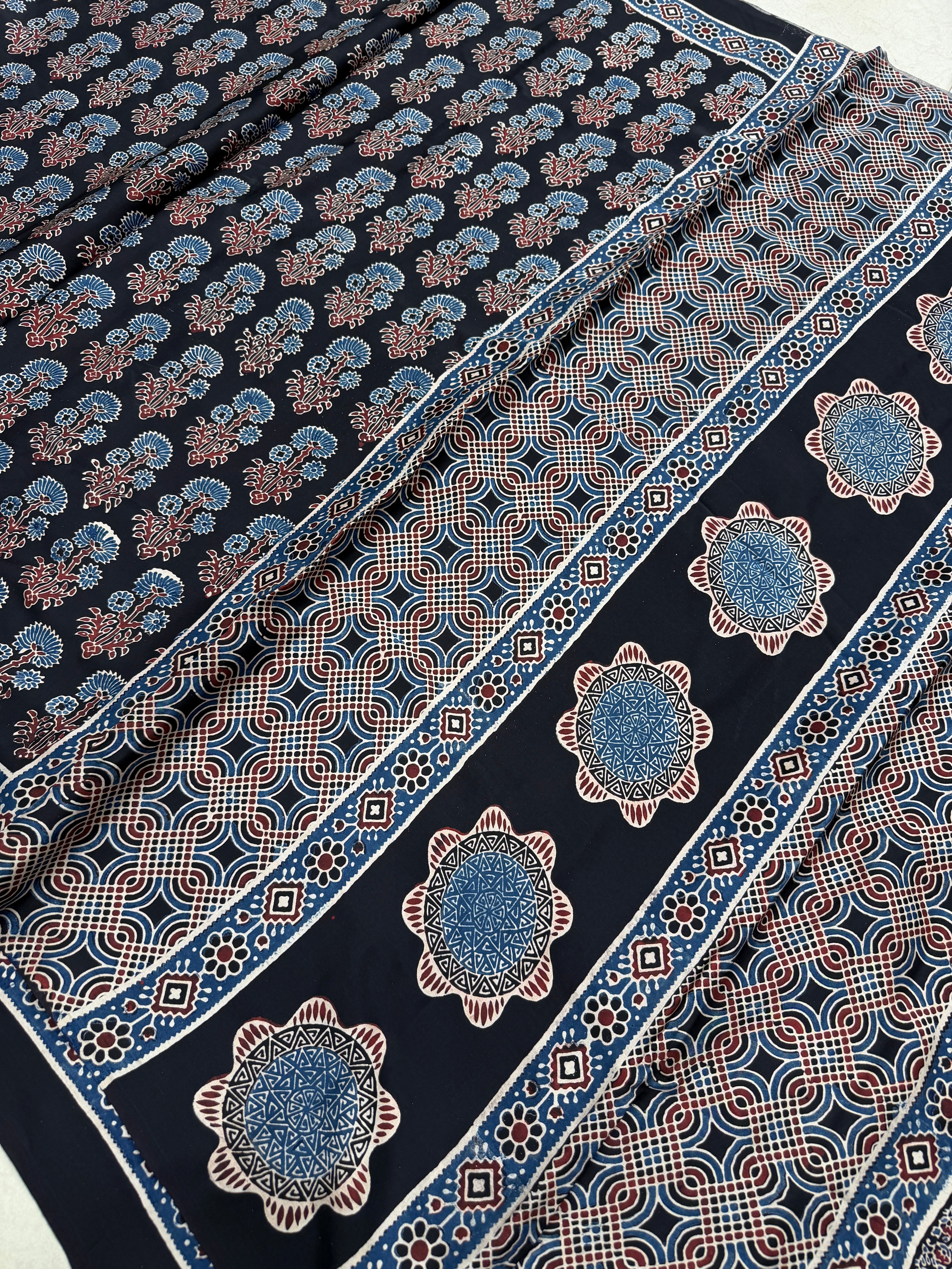Black Floral Butta Ajrakh Hand Block Print Pure Gajji Silk Saree