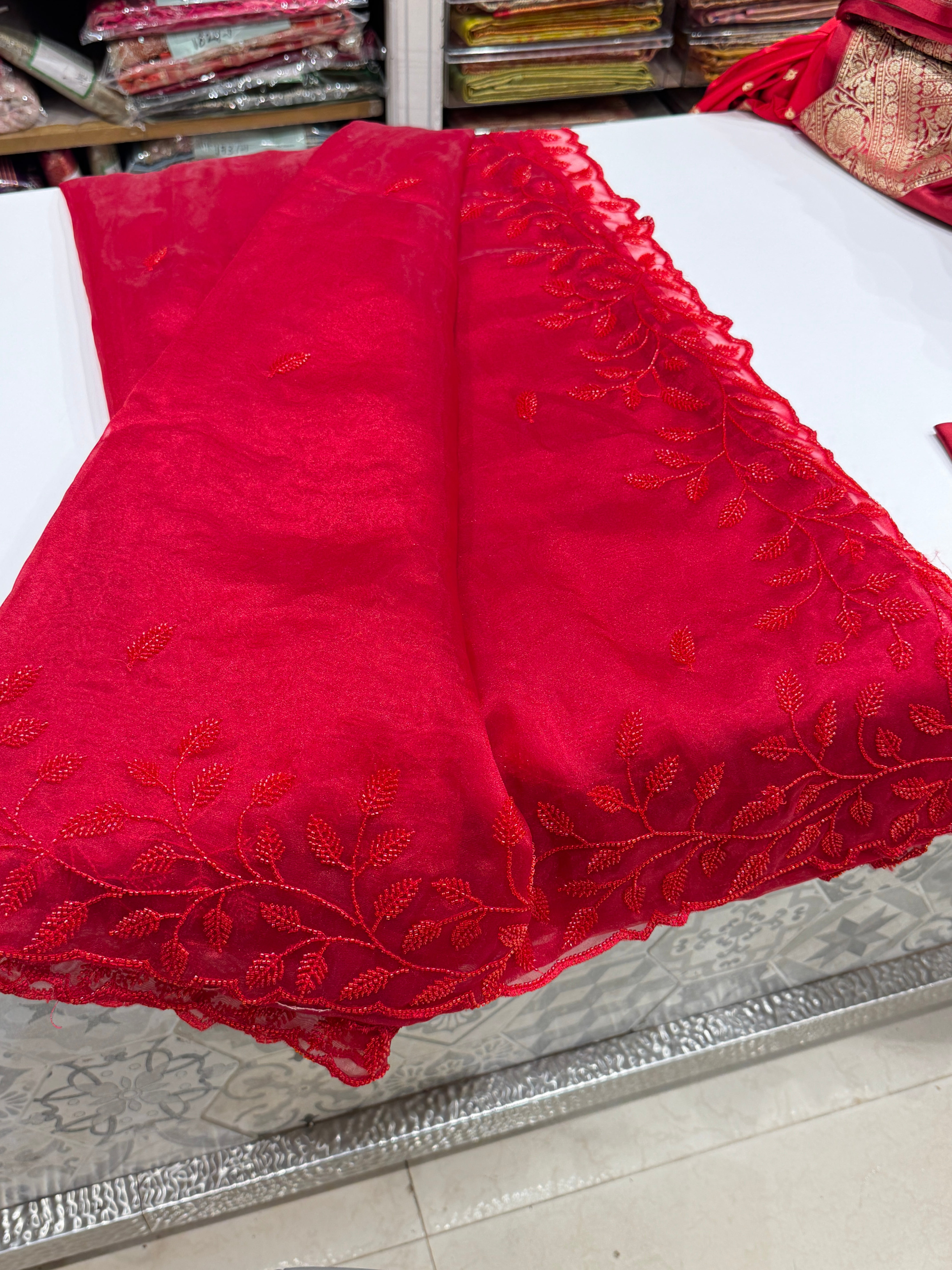 Red On Red Tissue Organza Self Work Saree