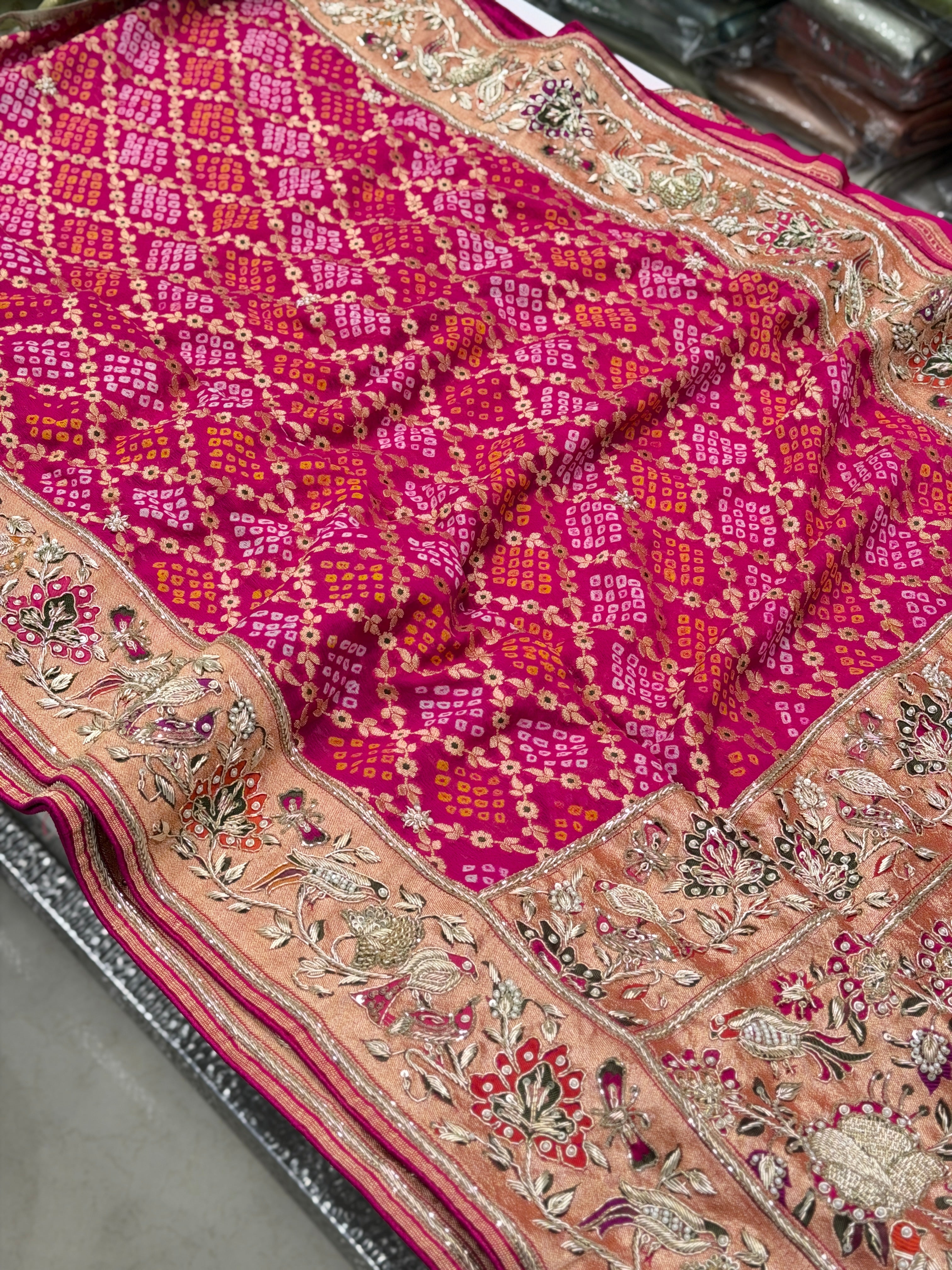 Rani Pink Meenakari Bandhej Zardosi Paithani Style Saree