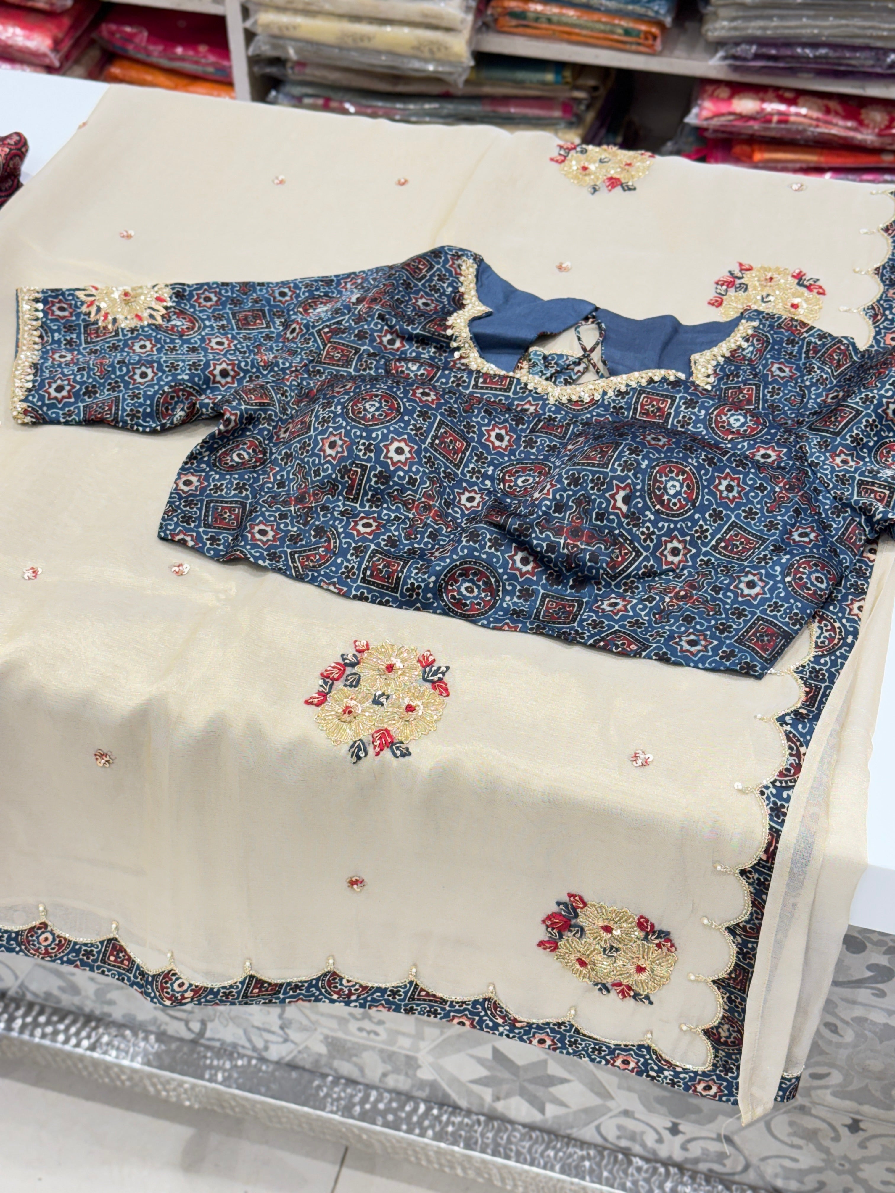 Golden Tissue With Ajrakh Ready Blouse Hand Embroidery