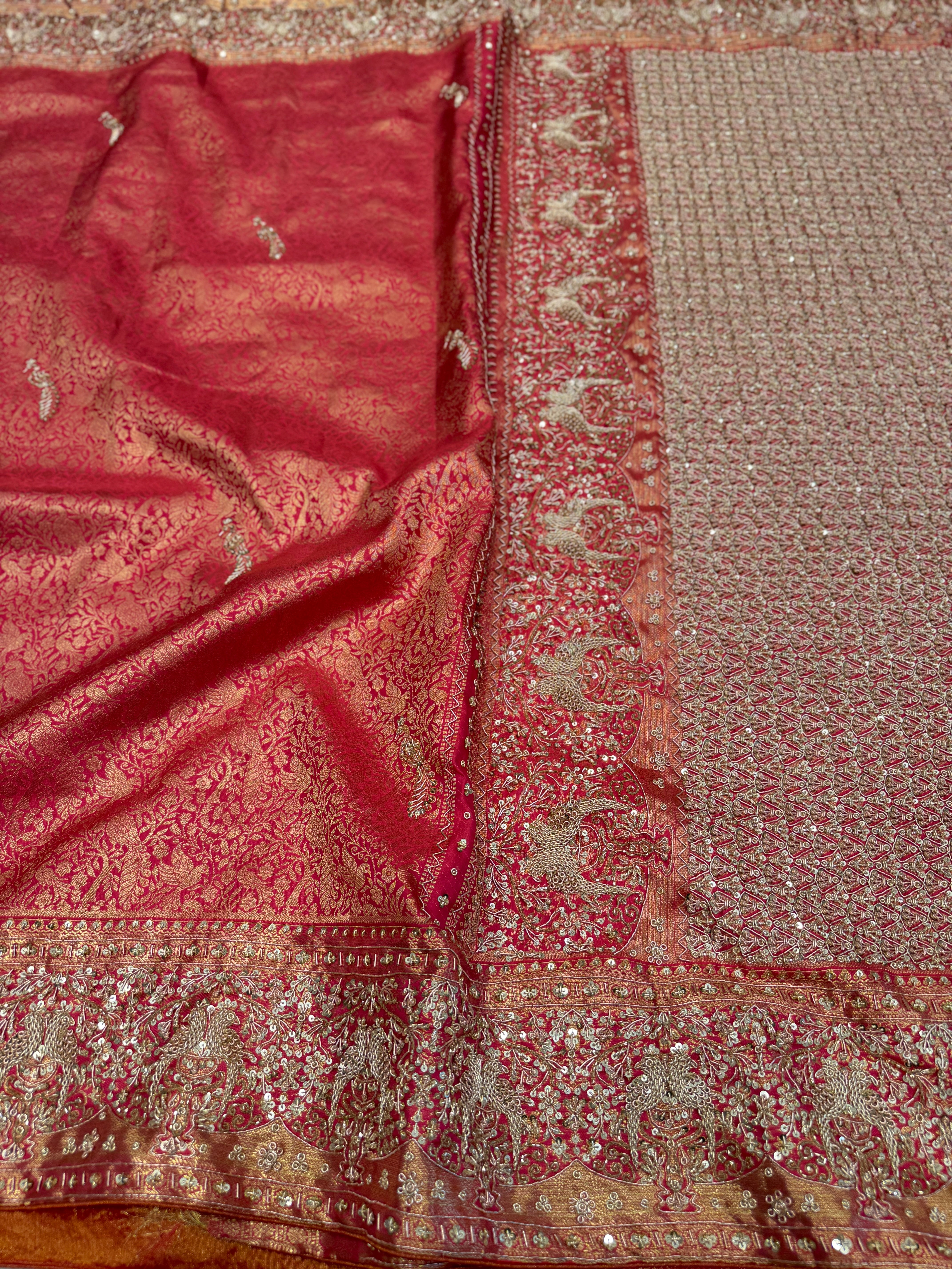 Crimson Kanjivaram Parrot Motif Hand Embroidery Zardosi Saree